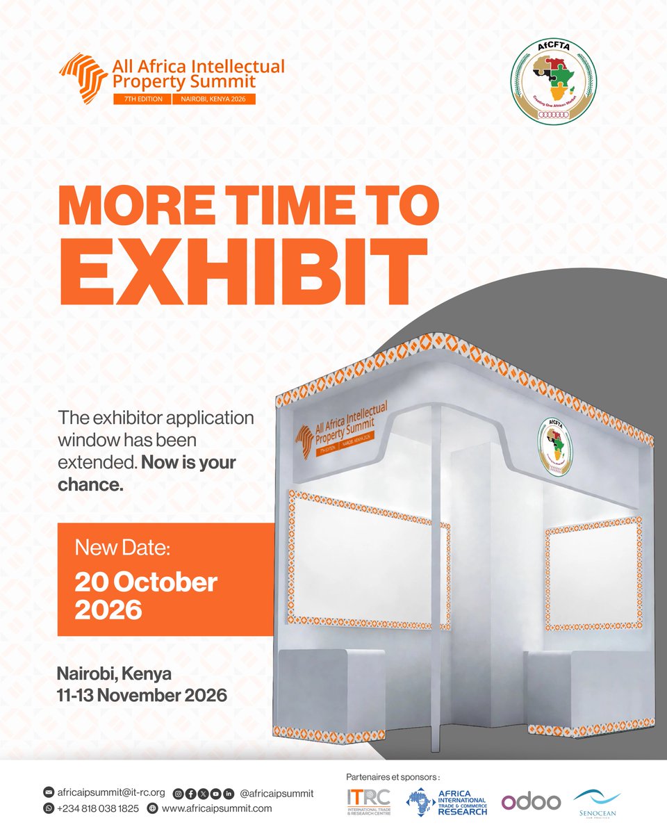 africaipsummit's tweet photo. Missed the exhibition deadline? 
NOT SO FAST 👀!

We’ve extended the window for you to secure your exhibition space at the 7th All Africa Intellectual Property Summit.

Whether you’re building a business, developing technology, creating something amazing or commercialising IP…

Come with what you’ve built. Let’s put it on display where the continent can see it.
👉🏽 https://t.co/5eJa1dQzwa

REGISTER. EXHIBIT. GET SEEN.