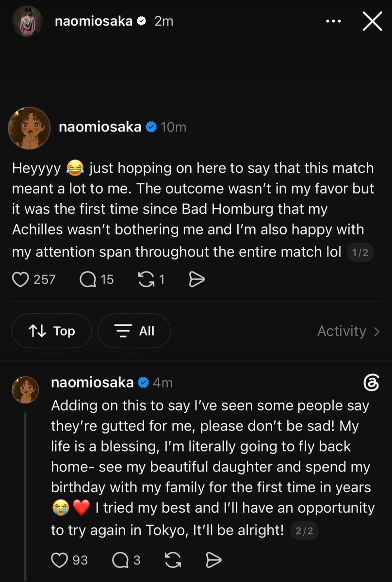 lawanda50's tweet photo. Naomi Osaka’s Instastory/Threads.  ❤️🥰 https://t.co/A9Vaz5GY8C