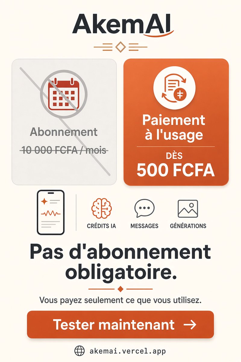 edahyvette's tweet photo. Pas d’abonnement mensuel obligatoire.
Vous payez seulement ce que vous utilisez.
Fini les 10 $ / 20 $ prélevés chaque mois, utilisés ou non.
 Mobile Money dès 500 FCFA.
ChatGPT, Claude, Gemini, Grok, DeepSeek: une seule interface.
👉 Testez ici : https://t.co/5D2H5sdOn1 https://t.co/1v4BRFU5H4