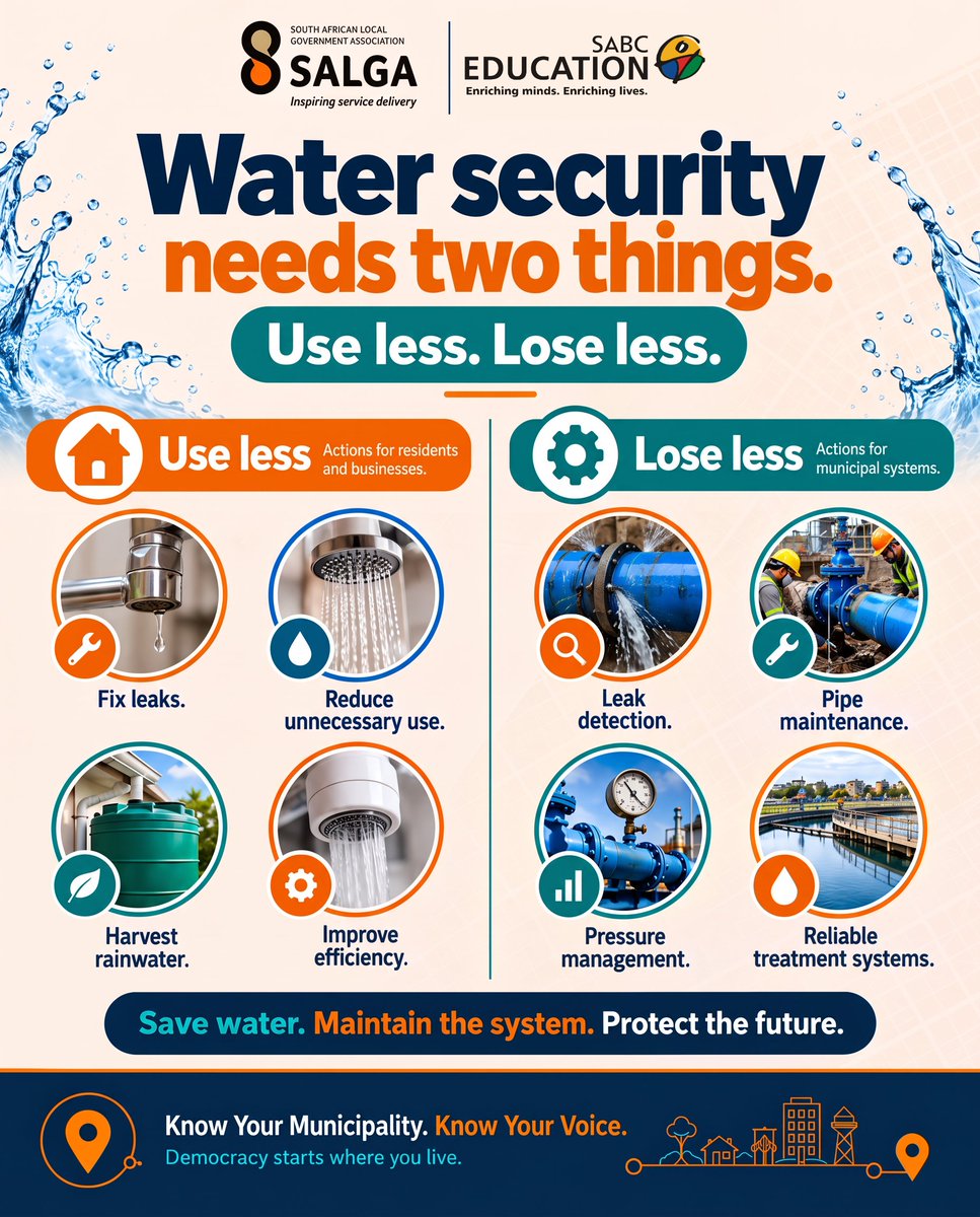 SABCEducation's tweet photo. Water security starts with using less and losing less. 
Fix leaks, reduce unnecessary use, harvest rainwater and maintain water systems. Save water. Maintain systems. Protect supply.

Listen back anytime on SABC+.
https://t.co/NXqJJa4rDn

#LocalGovernment #SALGA https://t.co/NpzIXRAwVr