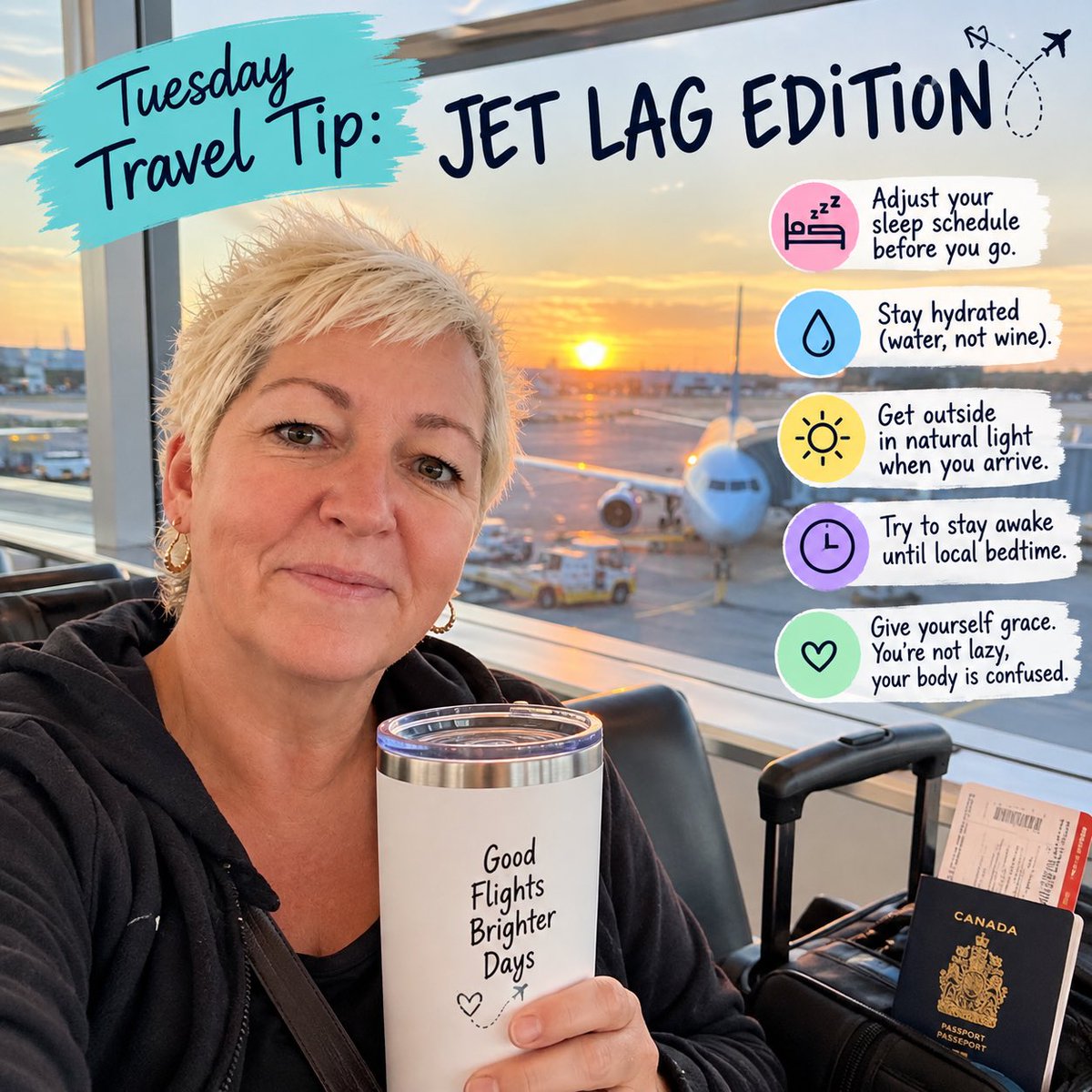 MooreExclusive's tweet photo. Tuesday Travel Tip: Jet Lag ✈️😴 Adjust sleep before you go. Hydrate on the plane. Natural light when you arrive. Stay awake until local bedtime. Nothing important day one. Jet lag is temporary, the trip is worth it 💕 #TuesdayTravelTip #JetLagTips  #ExclusiveToYouTravel https://t.co/4gag8LI7wV