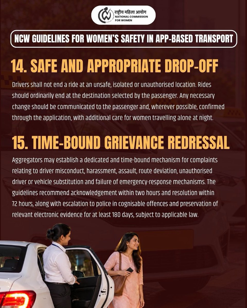 NCWIndia's tweet photo. 3/3
These measures seek to promote safer, more accountable and responsive app-based mobility for women across the country.
#NCW #NationalCommissionForWomen #WomensSafety #SafeMobility #AppBasedTransport https://t.co/qv9ZKNvYvu