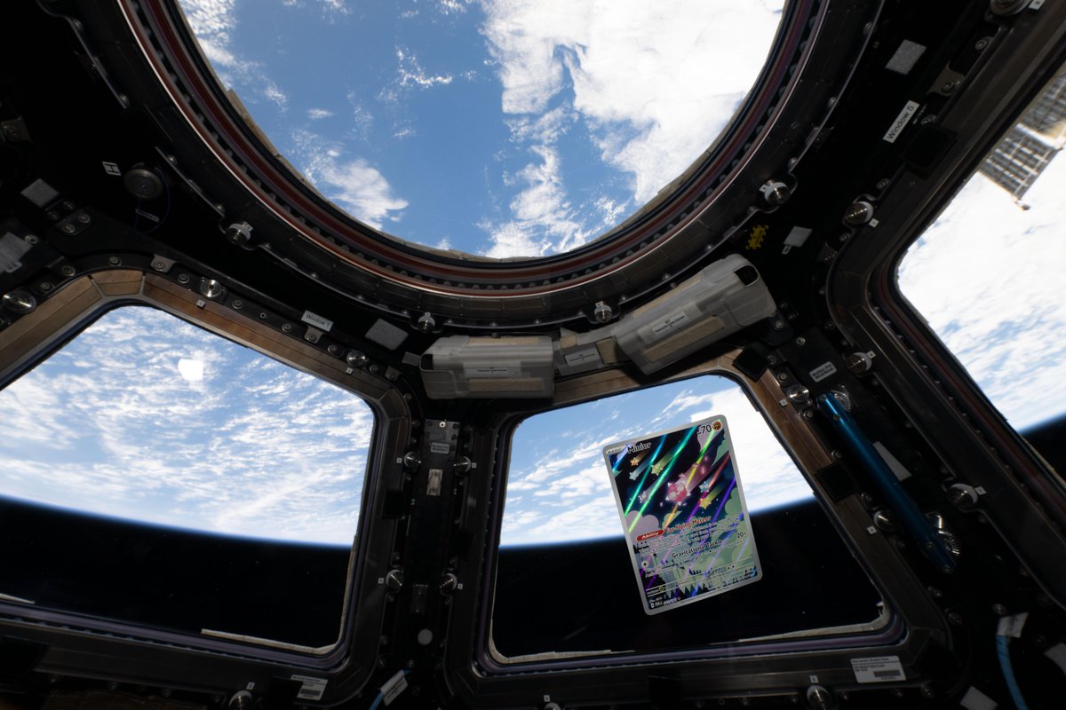 PokemonTCGUK's tweet photo. We can confirm, these cards are out of this world! 🚀

Along with Astronaut Pikachu Plush, @esa astronaut @Soph_astro also took these Pokémon TCG cards to the International Space Station to celebrate #WorldSpaceWeek2026! 

📷 © ESA/NASA - S. Adenot
#PokemonxESA https://t.co/H2AUXw4tte