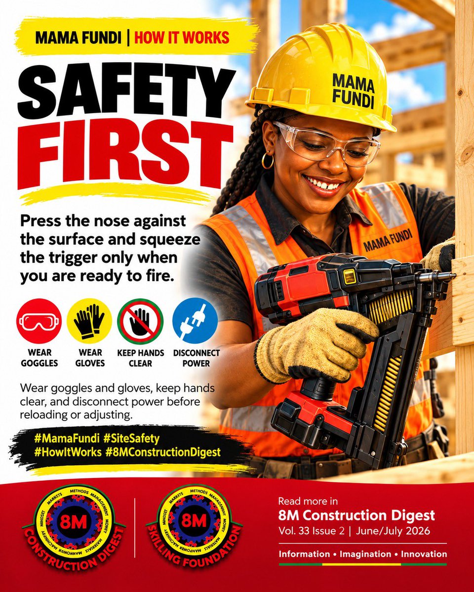 8MDigestLtd's tweet photo. SAFETY .FIRST. ALWAYS.

A fast tool demands a disciplined hand.
Goggles on. Hands clear. Power disconnected before adjustment. https://t.co/OpUcfeg0Rz
#MamaFundi #NailGun #SiteSafety #SafetyFirst #8MConstructionDigest https://t.co/eiEP4xROZi