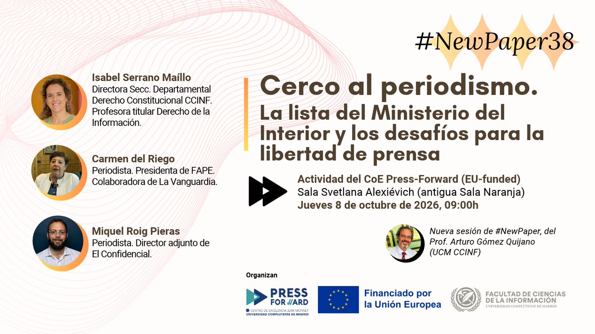 fape_fape's tweet photo. La Facultad de Ciencias de la Información de la Complutense organiza la jornada #NewPaper 38 “Cerco al Periodismo” sobre las listas de periodistas afines y no afines al Gobierno
https://t.co/2i9Xnvva1F https://t.co/9PkdrhTAc4