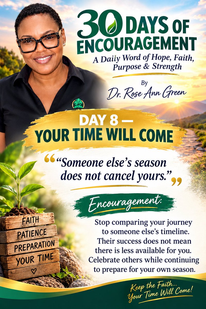 rosencu's tweet photo. DAY 8: YOUR TIME WILL COME

“Someone else’s season does not cancel yours.”-Dr. Rose Ann Green

Someone else receiving a blessing does not mean there is less available for you. Your journey may simply require a different process, and a different timing. #hope #YourSeason #love https://t.co/nquL2xygax