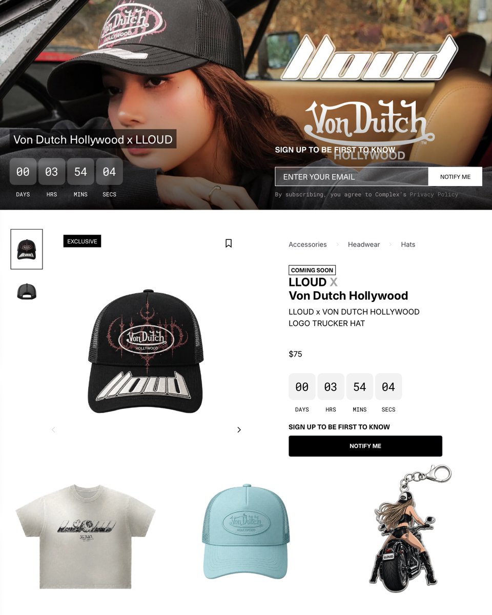 btf0327's tweet photo. Von Dutch Hollywood x LLOUD merch drops in 3 hours on the ComplexCon website! ❤️‍🔥 @wearelloud 

> https://t.co/REOhZq7LNm https://t.co/BKf7LWaKzB