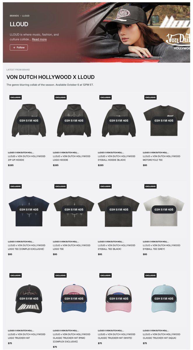 btf0327's tweet photo. Von Dutch Hollywood x LLOUD merch drops in 3 hours on the ComplexCon website! ❤️‍🔥 @wearelloud 

> https://t.co/REOhZq7LNm https://t.co/BKf7LWaKzB