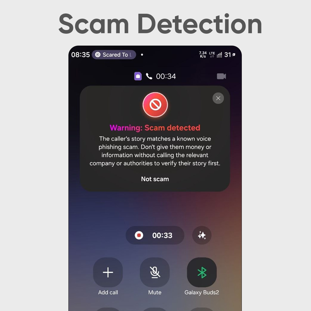 SamSWUpdate's tweet photo. This is how One UI 9's Scam Detection actually works. It shows a warning before and after a spam call, and you can add the contact to "Not scam" if it's not a scam call. https://t.co/wabF2zoyTs
