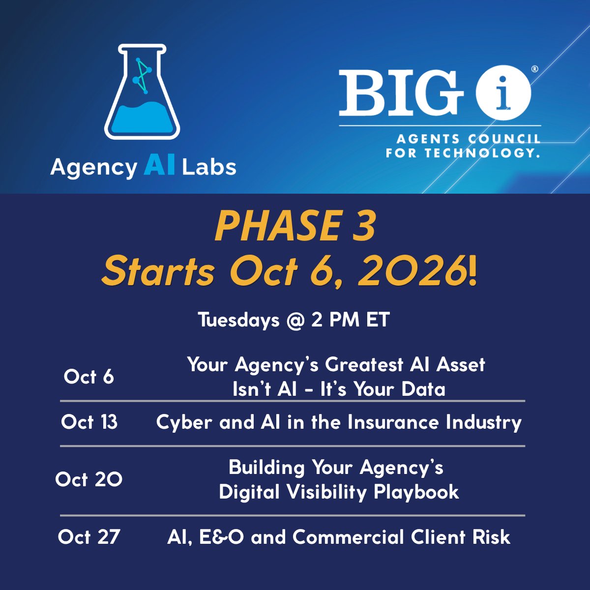BigIofNebraska's tweet photo. Phase 3 of Agency AI Labs, the final phase of ACT's free AI learning program built for independent insurance agencies, kicks off today, October 6, at 1 p.m. CT!
Register here: https://t.co/6lgYODsKNN https://t.co/uYVxVKJPAo
