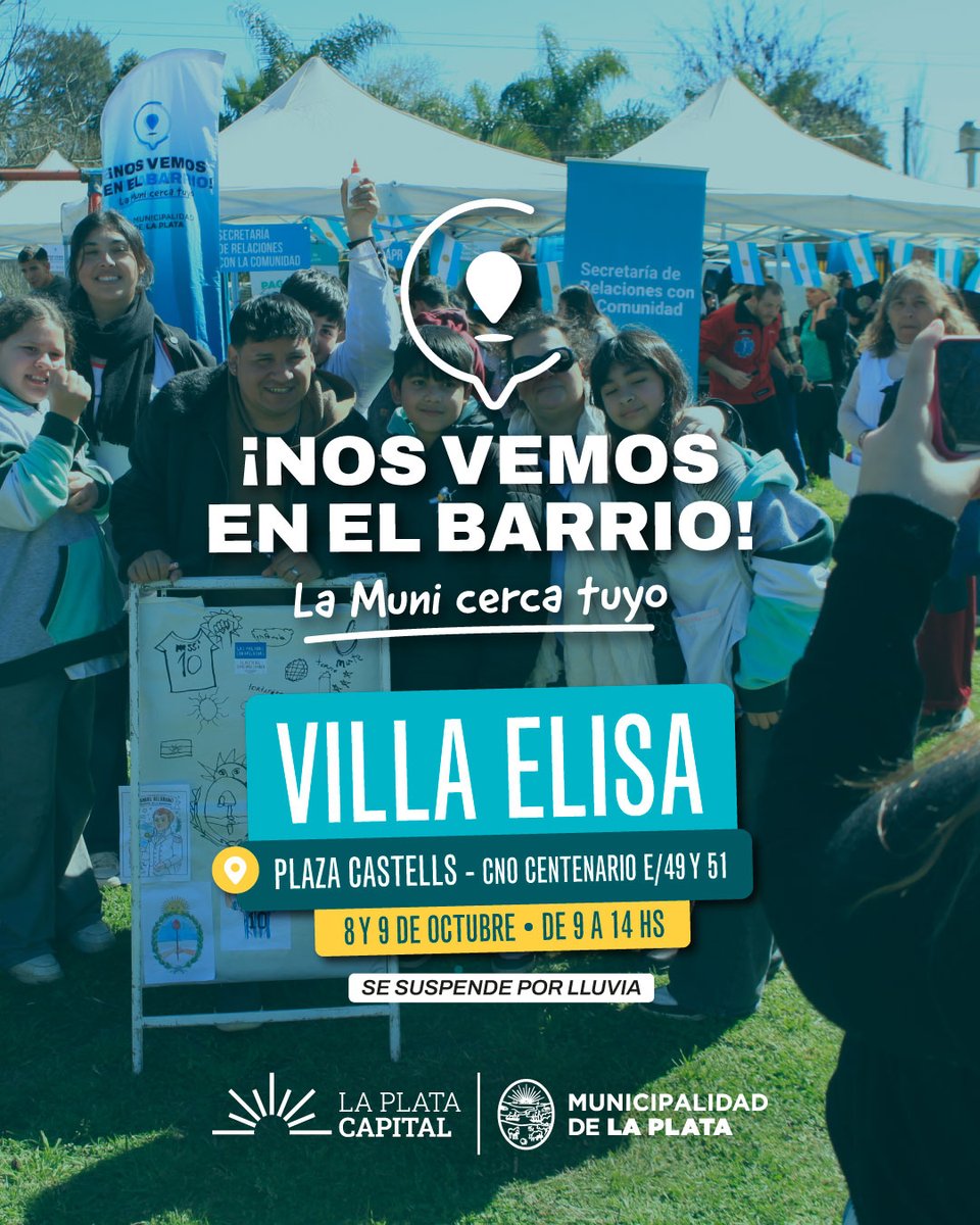 LaPlataMLP's tweet photo. Este jueves 8 y viernes 9 #NosVemosEnElBarrio llega a Villa Elisa 🙌🙌🙌 Te esperamos desde las 9h en Plaza Castells (Cno. Centenario e/ 49 y 51) donde vas a poder hacer todo esto 👇 ¡y mucho más! https://t.co/FnmgU0w20e