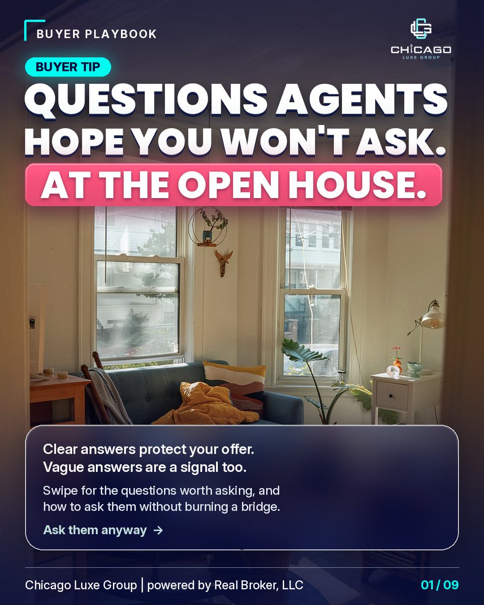 ChicagoLuxeGRP's tweet photo. The open house questions agents hope you won't ask. Clear answers protect your offer. Vague answers are a signal too. Ask about listing history, comps, what's included, HOA, and concessions. Call or text Mike 872-246-7666 #ChicagoLuxeGroup https://t.co/YHChD96p8x
