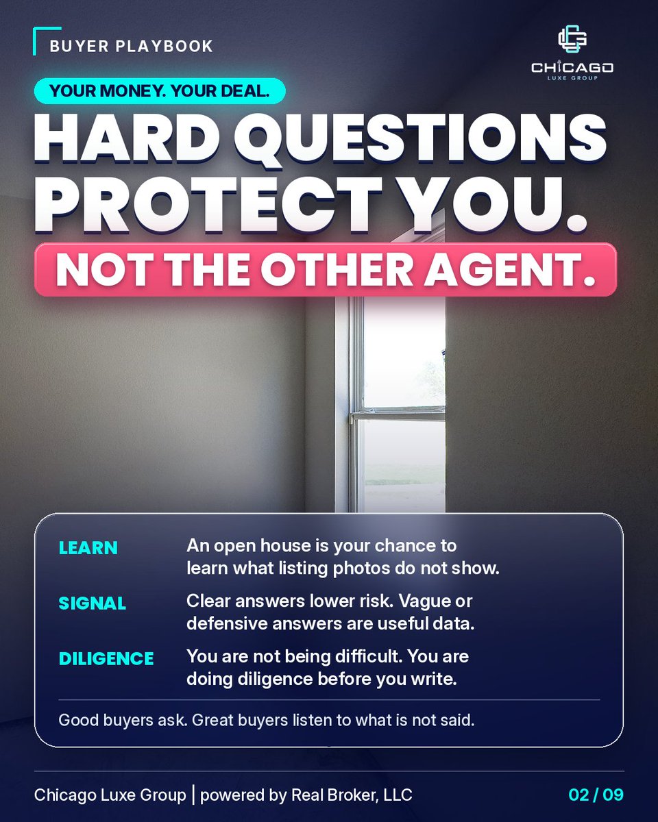 ChicagoLuxeGRP's tweet photo. The open house questions agents hope you won't ask. Clear answers protect your offer. Vague answers are a signal too. Ask about listing history, comps, what's included, HOA, and concessions. Call or text Mike 872-246-7666 #ChicagoLuxeGroup https://t.co/YHChD96p8x