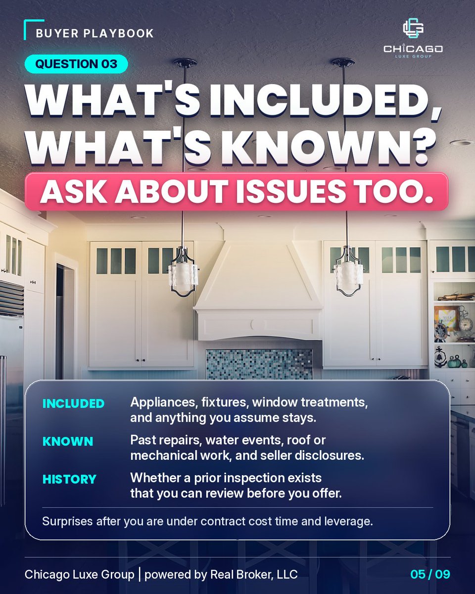 ChicagoLuxeGRP's tweet photo. The open house questions agents hope you won't ask. Clear answers protect your offer. Vague answers are a signal too. Ask about listing history, comps, what's included, HOA, and concessions. Call or text Mike 872-246-7666 #ChicagoLuxeGroup https://t.co/YHChD96p8x