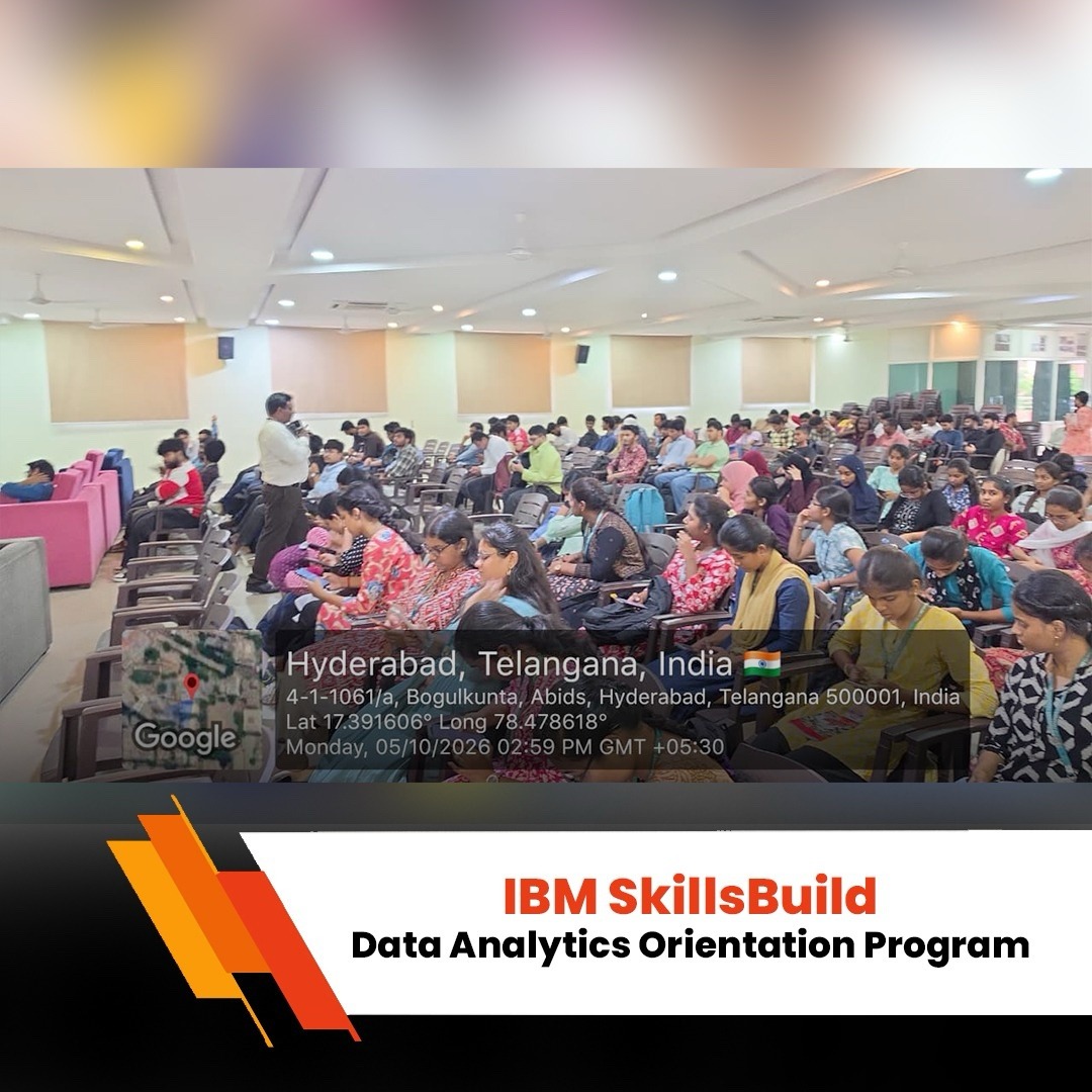 MCETHyderabad's tweet photo. Methodist College of Engineering & Technology (MCET) successfully conducted the Orientation Program for the IBM SkillsBuild โ Data Analytics Certification Program on 5 October 2026.
#MCET #IBMSkillsBuild #IBM #DataAnalytics #ICTAcademy #MethodistCollege #SkillDevelopment https://t.co/JDoMkzAL2i
