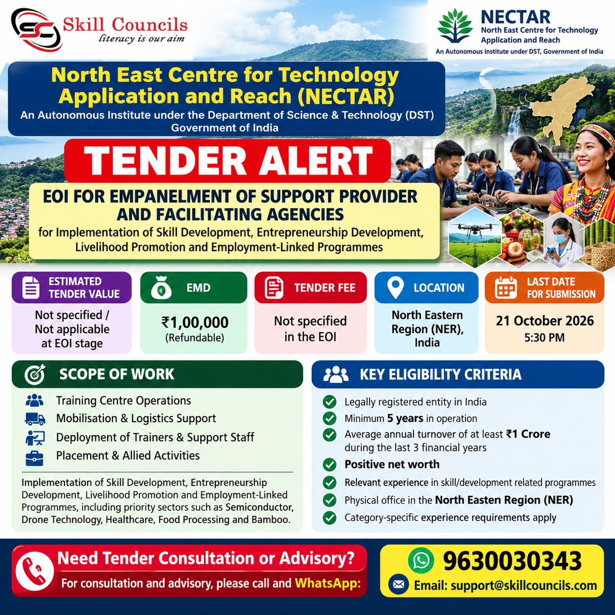 Skillcouncils's tweet photo. π Tender Authority: North East Centre for Technology Application and Reach (NECTAR), Department of Science & Technology, Government of India
π Tender Consultation & Advisory: 9630030343
π§ Email: support@skillcouncils.com
#TenderAlert #NECTAR #SkillDevelopment #Government https://t.co/czAPA2ystz