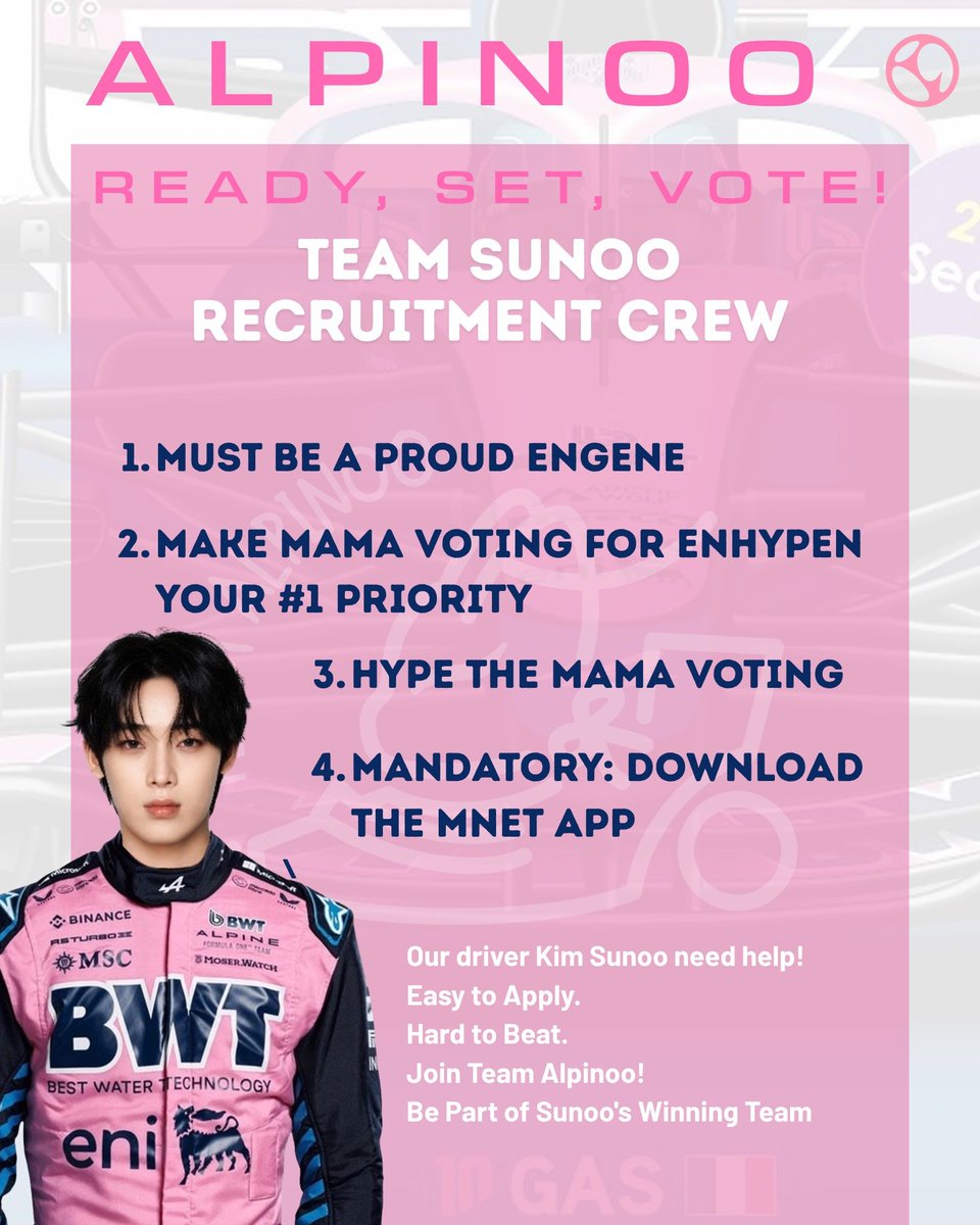 pinknooieu's tweet photo. baragis, EYES HERE PLEASE!!
recruitment for #TEAMALIPINOO is open again! π€© our main goal in this team is to bring a MAMA DAESANG for SUNOO and the members, so let's reunite again together to make it possible!
interested? π APPLY NOW!
π: https://t.co/LD5BzLIHYx
MEDIA CREW: @zherraxoxo
#EMGP2026 #ENHYPEN