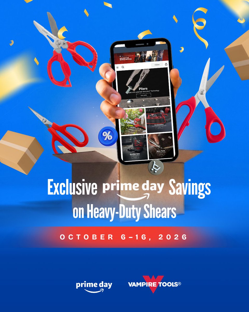 Vampire_Tools's tweet photo. Cut with strength. Save big this Prime Day. 

Take on tough cutting jobs with our Heavy-Duty Shears, built for strength, precision, and confidence.

Shop Prime savings on Amazon, or get 20% OFF SITEWIDE on our website with code PRIME20.

Grab yours while the deals last! https://t.co/C2kc9lyASp