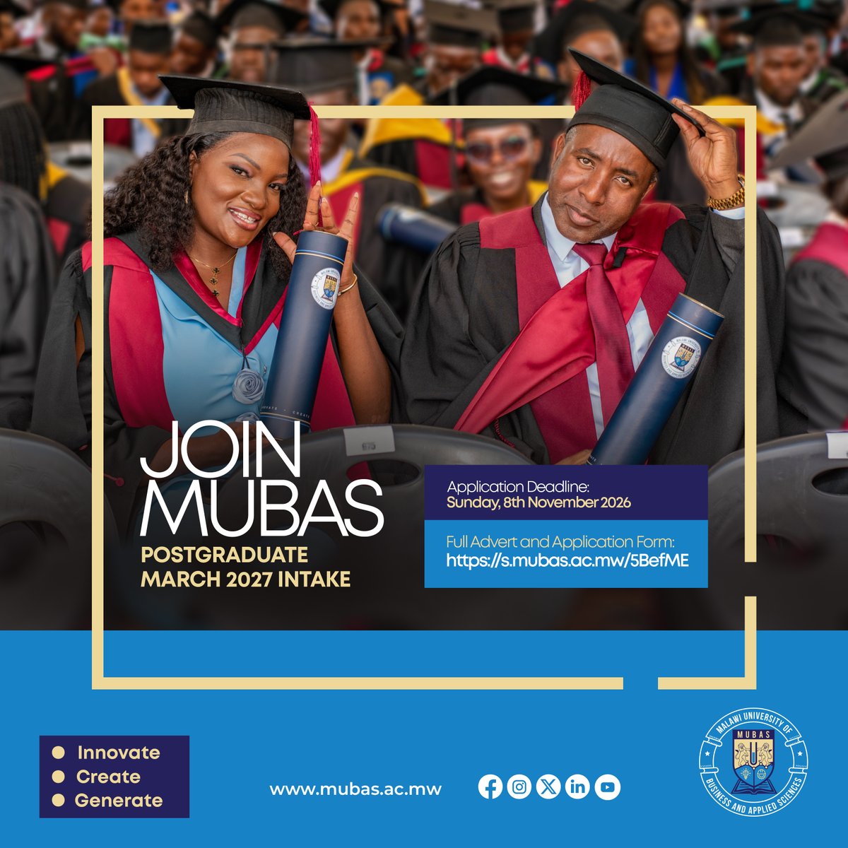 mubasmw's tweet photo. MUBAS is inviting eligible candidates to apply for admission into its 𝗠𝗮𝗿𝗰𝗵 𝟮𝟬𝟮𝟳 𝗣𝗼𝘀𝘁𝗴𝗿𝗮𝗱𝘂𝗮𝘁𝗲 𝗜𝗻𝘁𝗮𝗸𝗲 and take the next bold step towards academic and professional excellence🎓

👉 Apply now: https://t.co/OnIiyAOFOF

#JoinMUBAS
#PostgradStudies #MUBAS https://t.co/ON2BlBZOCX
