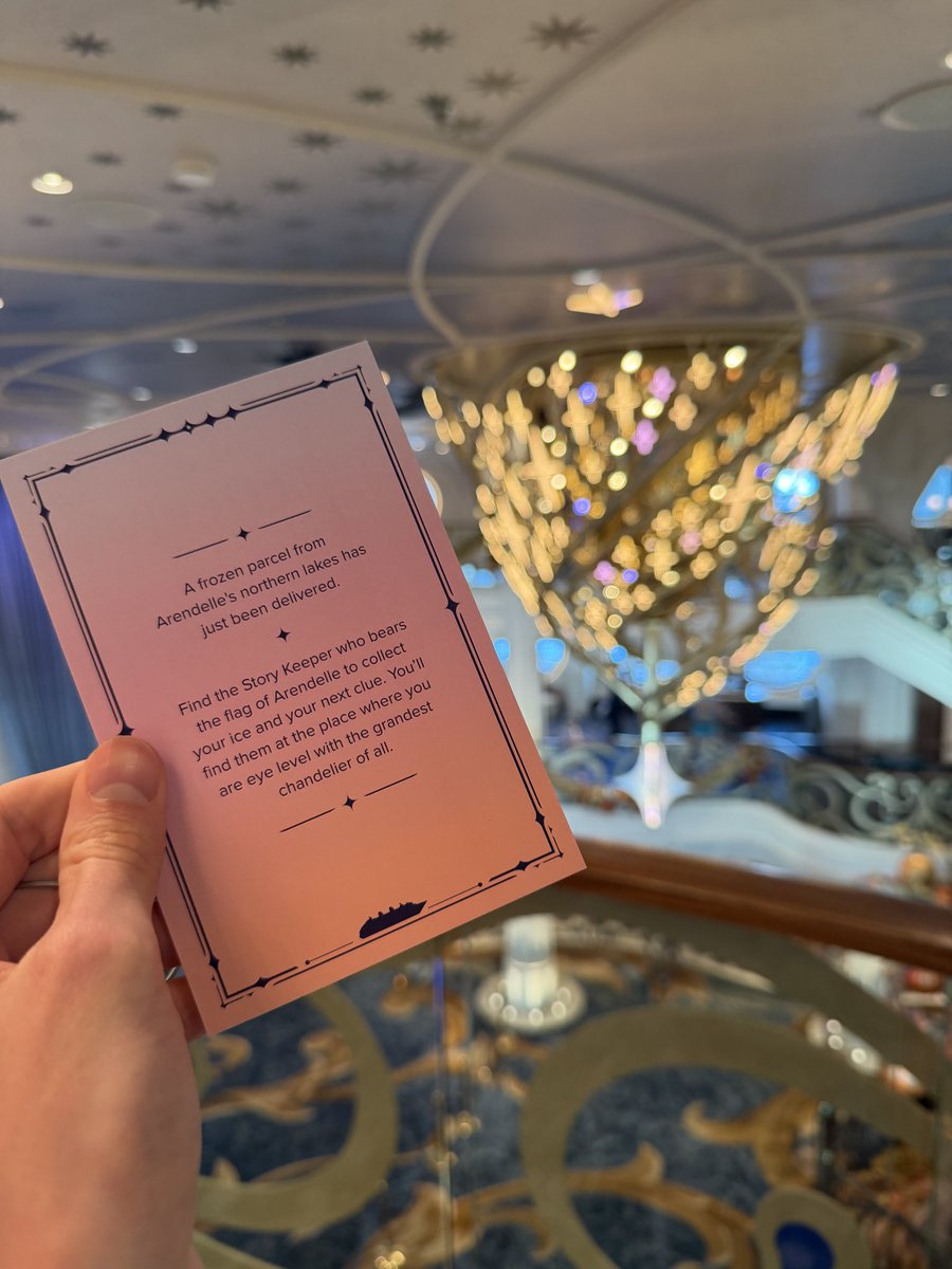 laughingplace's tweet photo. The clue led us to the stairs between deck 7 and 8, where we found out we needed to find ice for our small bucket while eye level with the chandelier #DisneyBelieveReveal https://t.co/nJPT6YfYHW