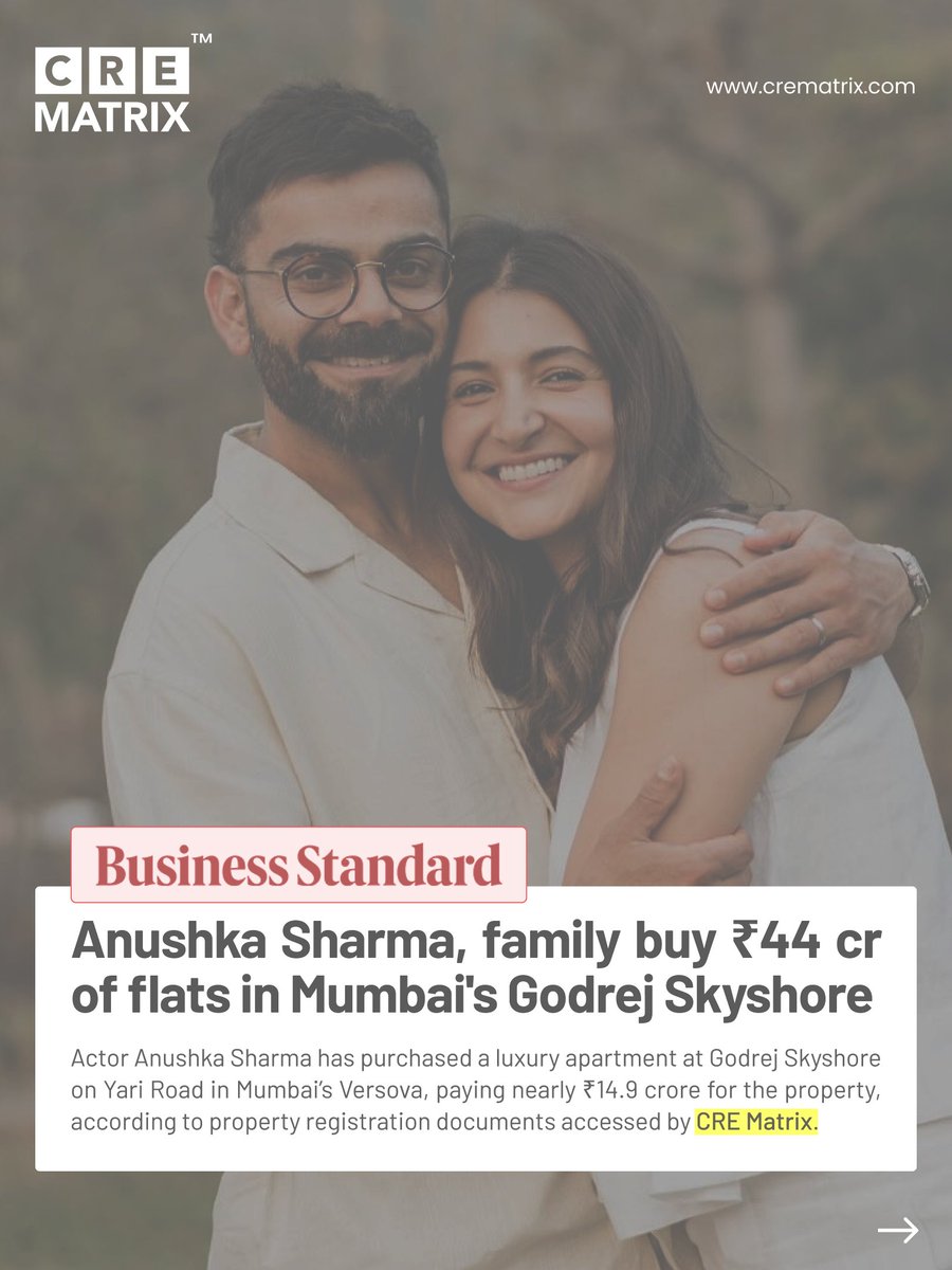 CreMatrix's tweet photo. According to documents accessed by https://t.co/xP5pO4gGdC, actress @AnushkaSharma has bought a luxury apartment at Godrej Skyshore in Mumbai’s Versova for nearly ₹14.9 crore.

#AnushkaSharma #MumbaiRealEstate #LuxuryRealEstate #MumbaiProperty #Versova https://t.co/NenzHP5Doq