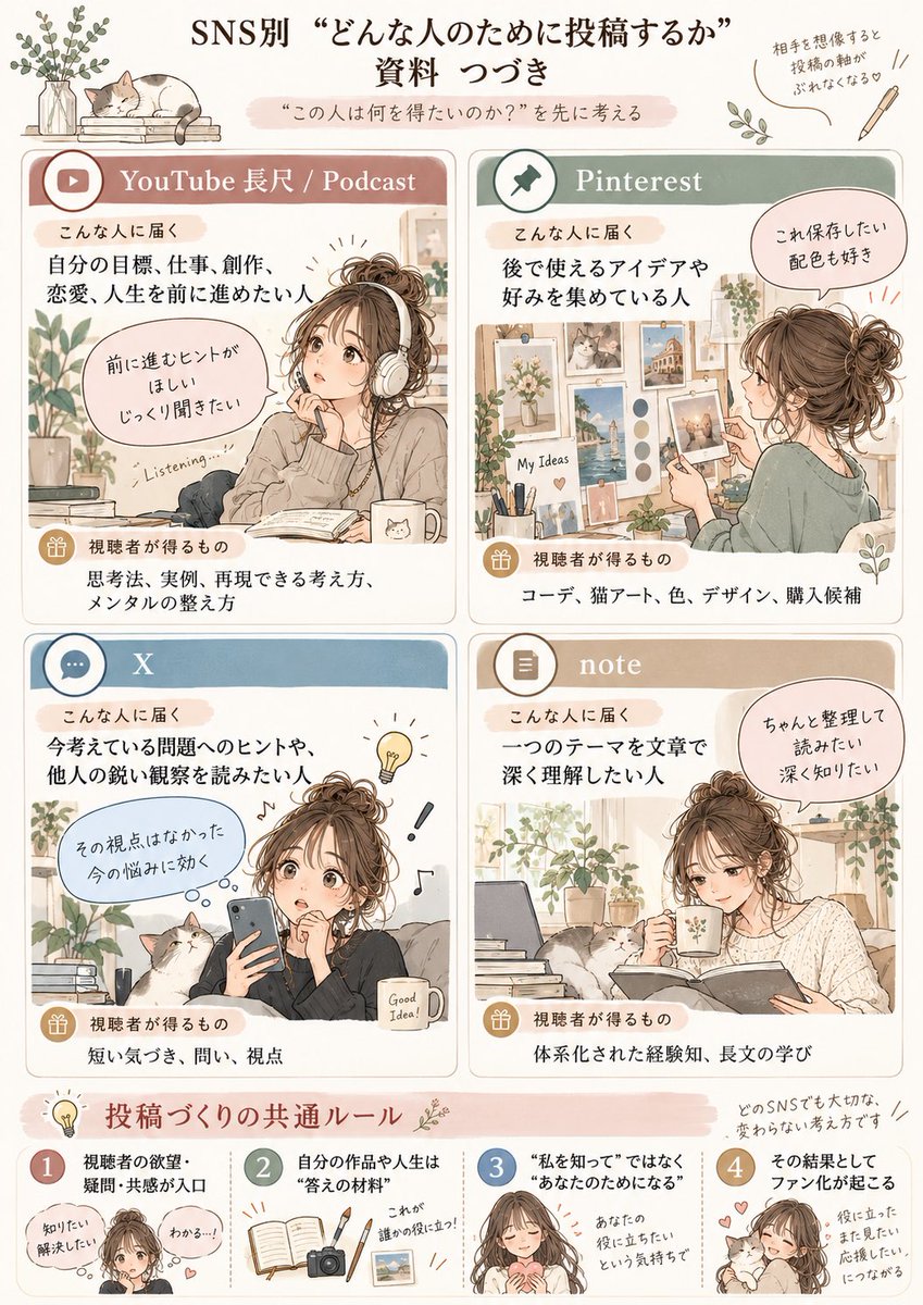 pinpignon's tweet photo. もういい加減独りよがりSNSを卒業せねばと自分用に資料を生成してみた。
フミコーンさんやド素人さんの動画から猫作家で母でもある自分がもしその視点を取り入れるなら…を深掘ったものだ。SNSごとに「何を投稿するか」ではなく、
「どんな人が、何を得るために見るのか」 https://t.co/06xxMpJKB2
