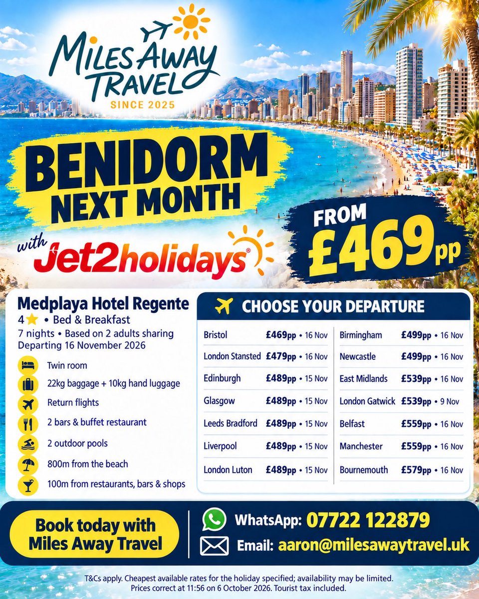 miles_awayuk's tweet photo. ☀️ Benidorm NEXT MONTH from £469pp with Jet2holidays!

Enjoy 7 nights at the 4⭐ 

Medplaya Hotel Regente, Bed & Breakfast. Includes return flights, 22kg baggage & 10kg hand luggage! ✈️

👫 Based on 2 adults sharing. Other airports available.

Book with me today:

💬 WhatsApp: 07722 122879
📧 aaron@milesawaytravel.uk

T&Cs apply. Subject to availability. Tourist tax included.

#MilesAwayTravel #Jet2holidays #Benidorm #WinterSun #HolidayDeals