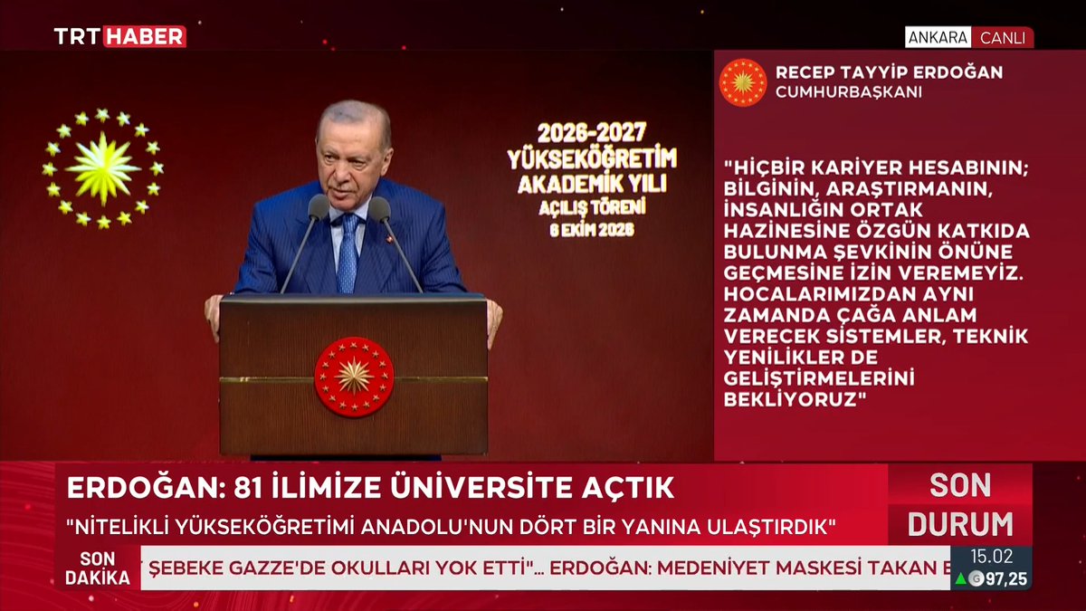 Turkish President Recep Tayyip Erdoğan is shown delivering a speech at a podium during the 2026-2027 Higher Education Academic Year Opening Ceremony in Ankara on October 9, 2025, as broadcast live on TRT Haber. On-screen text highlights his announcement that Turkey has established universities in 81 provinces and his emphasis on practical, applied higher education over theoretical pursuits, aligning with his remarks on achieving up to 90% employment rates through vocational training programs.