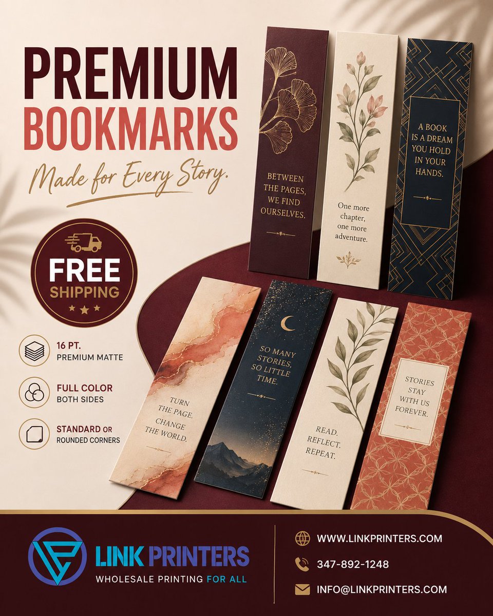 link_printers's tweet photo. Turn every page into a branding opportunity with Premium Bookmarks from Link Printers!
Visit: https://t.co/XrsHFQmTmn
#PremiumBookmarks #CustomBookmarks #BookmarkDesign #BookLovers #PrintingServices #BrandPromotion #MarketingMaterials #AuthorMarketing https://t.co/eVOqJzetol