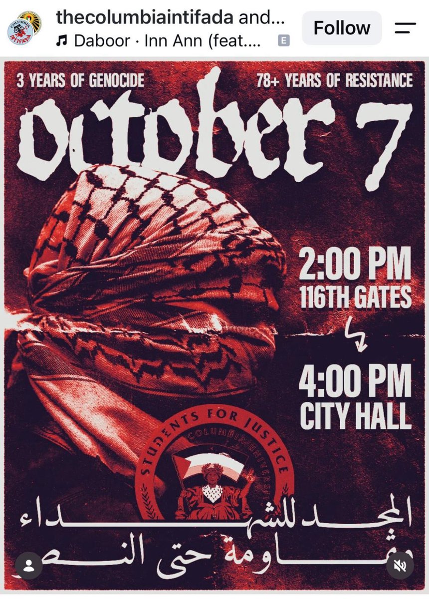 LauraLoomer's tweet photo. Palestinian groups and Muslims are gearing up to celebrate the 3 year anniversary of October 7th tomorrow. 

At Columbia Univeristy @Columbia, an Ivy League institution, the Columbia chapter of Students for Justice In Palestine @ColumbiaSJP is hosting a pro-Hamas rally.

Why is this being tolerated on the campuses of American universities that receive federal funding? 

Where is @EDSecMcMahon?