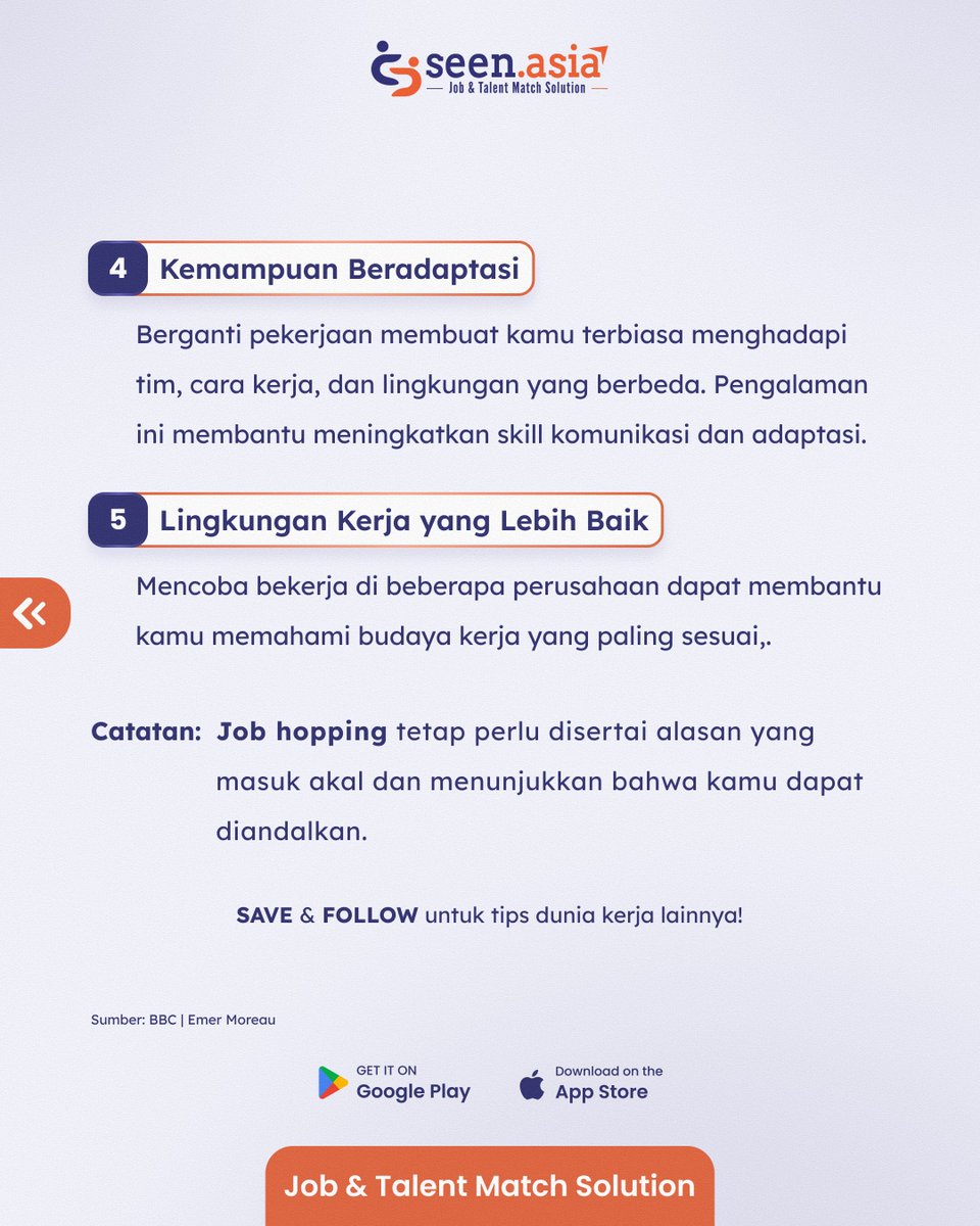 Seen_Asia's tweet photo. Job Hopping Gak Selalu Buruk, Ini Kelebihannya! 💼

Kalau dilakukan dengan alasan yang tepat, job hopping bisa membawa peluang baru untuk kariermu. CEK selengkapnya di bawah ini! 👇

SAVE &amp; FOLLOW untuk tips dunia kerja lainnya!😆

Good luck! 🚀 https://t.co/D4cgYq15Fh