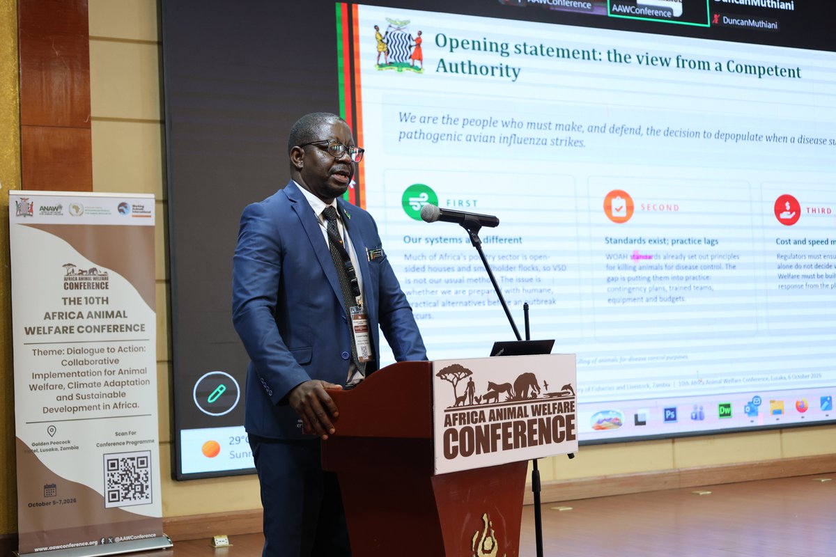 AAWConference's tweet photo. Session 5 also featured a panel discussion on “Implications of Ventilation Shutdown as an Approach to Depopulation,” bringing together: Gwendolen Reyes-Illg, Animal Welfare Institute; Jeffrey Hill, MSc, Livestock Welfare Strategies LLC (LWS); Sara Shields, PhD, Humane World for Animals, who joined virtually and Dr. Kenneth Chawinga, Ministry of Fisheries and Livestock, Animal Welfare Focal Point, Zambia

The panel highlighted the importance of moving away from methods that cause prolonged suffering, anxiety, pain and distress, and emphasized the need for approaches that place animal welfare at the centre of decision-making.

#AAWC2026 #AAWCZambia #AnimalWelfare #ClimateAction #SustainableDevelopment #AAWCLusaka