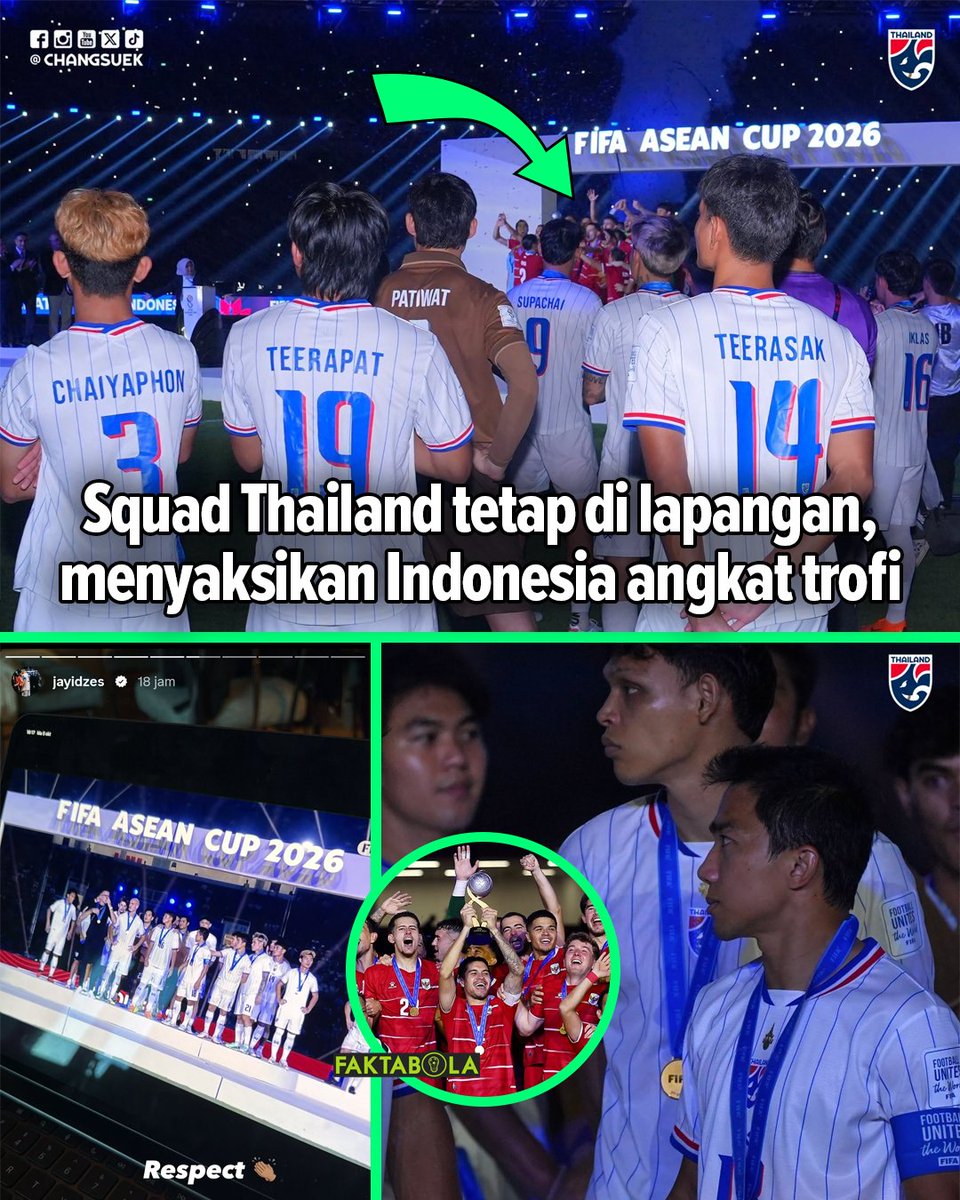 FaktaSepakbola's tweet photo. Momen squad timnas Thailand memilih tetap berada di lapangan, menyaksikan timnas Indonesia angkat trofi FIFA Asean Cup. Lewat story miliknya, 

Jay Idzes sempat beri apresiasi ke tim Thailand.

Chanathip Songkrasin sempat ditanya oleh jurnalis Thailand (Jing Jung Football), kenapa squad Thailand memilih tetap di lapangan.