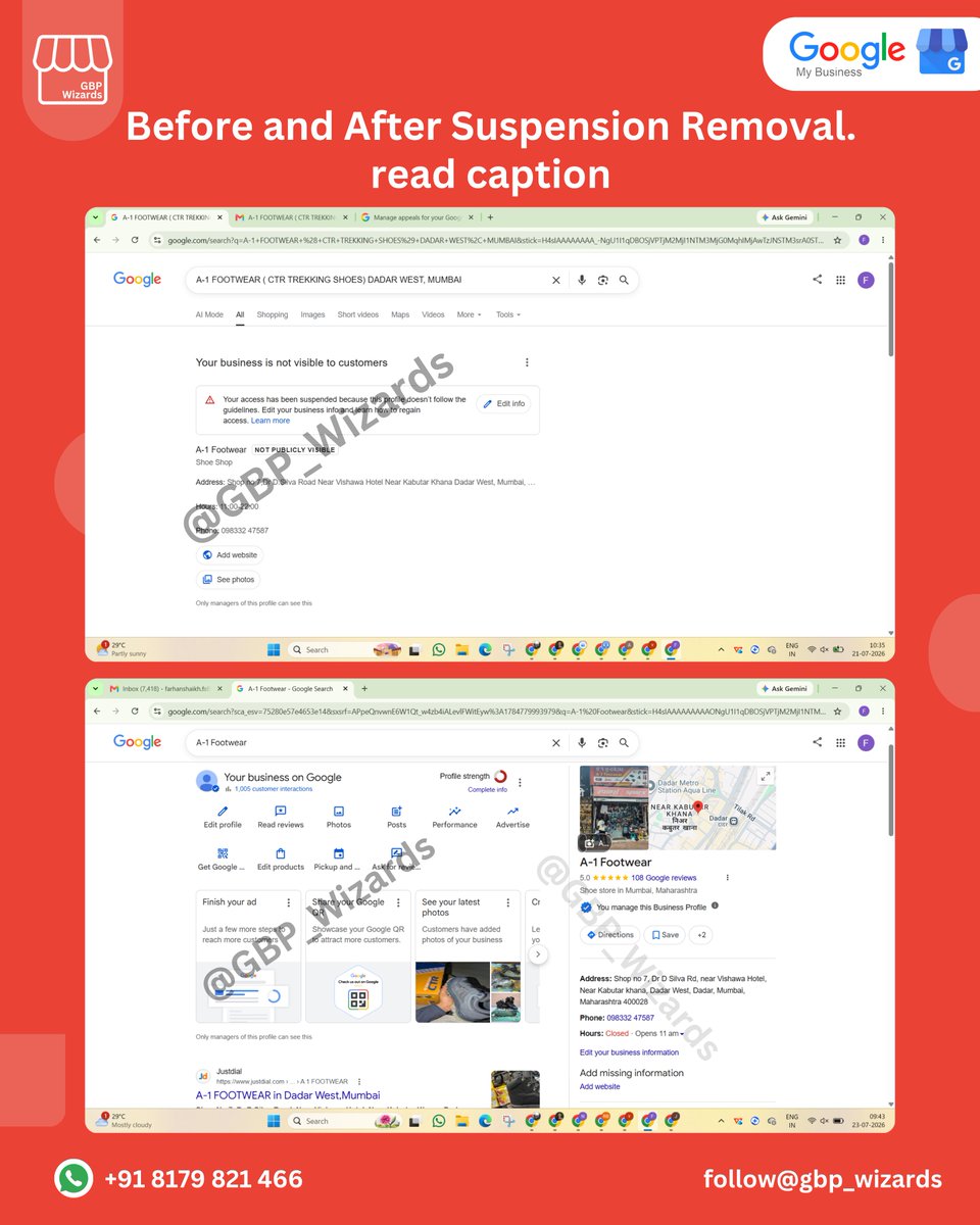 GBP_Wizards's tweet photo. Suspended → Restored ✔️
We helped A-1 Footwear in Mumbai recover their Profile by removing violations and submitting a proper reinstatement appeal.
Profile restored + phone number live.
📞 +91 81798 21466 | 🌐 https://t.co/voK7WUWudc
#GoogleBusinessProfile #GBPSuspension https://t.co/PQmObdG1Pv