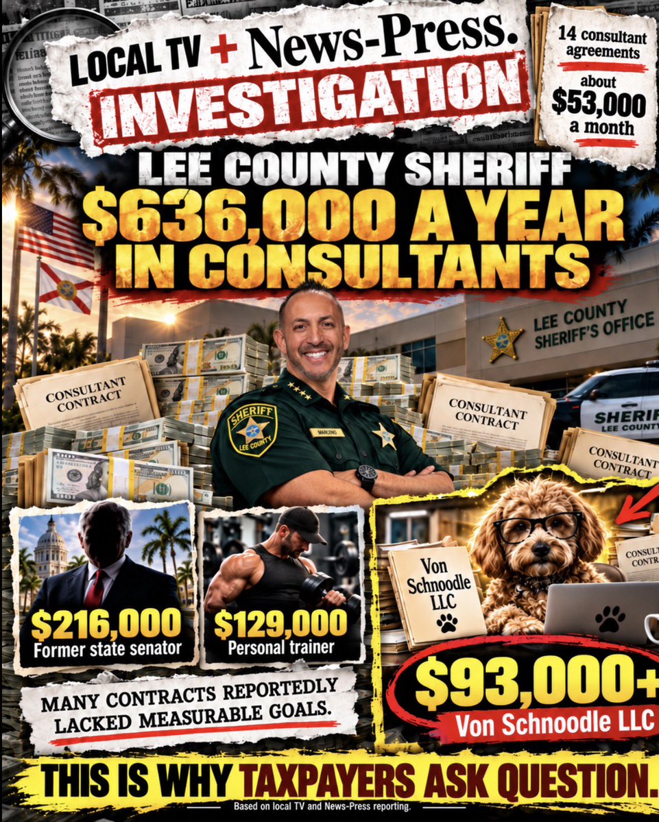 SWFL5440's tweet photo. 🚨 WHILE TAXPAYERS ARE TOLD THERE’S “NOTHING LEFT TO CUT”… LEE COUNTY WAS SPENDING ABOUT $53,000 A MONTH ON CONSULTANTS.

That works out to roughly $636,000 a year.

Among the contracts:
$216,000 to a former state senator.
$129,000 to a personal trainer.
$93,000+ through Von Schnoodle LLC.

And investigators reported that many of these contracts lacked clear measurable goals or specific work requirements.

This is the part taxpayers are supposed to ignore while government warns that cutting taxes will somehow end civilization.

Before you ask taxpayers for one more dime, explain the $53,000 a month in consultants.