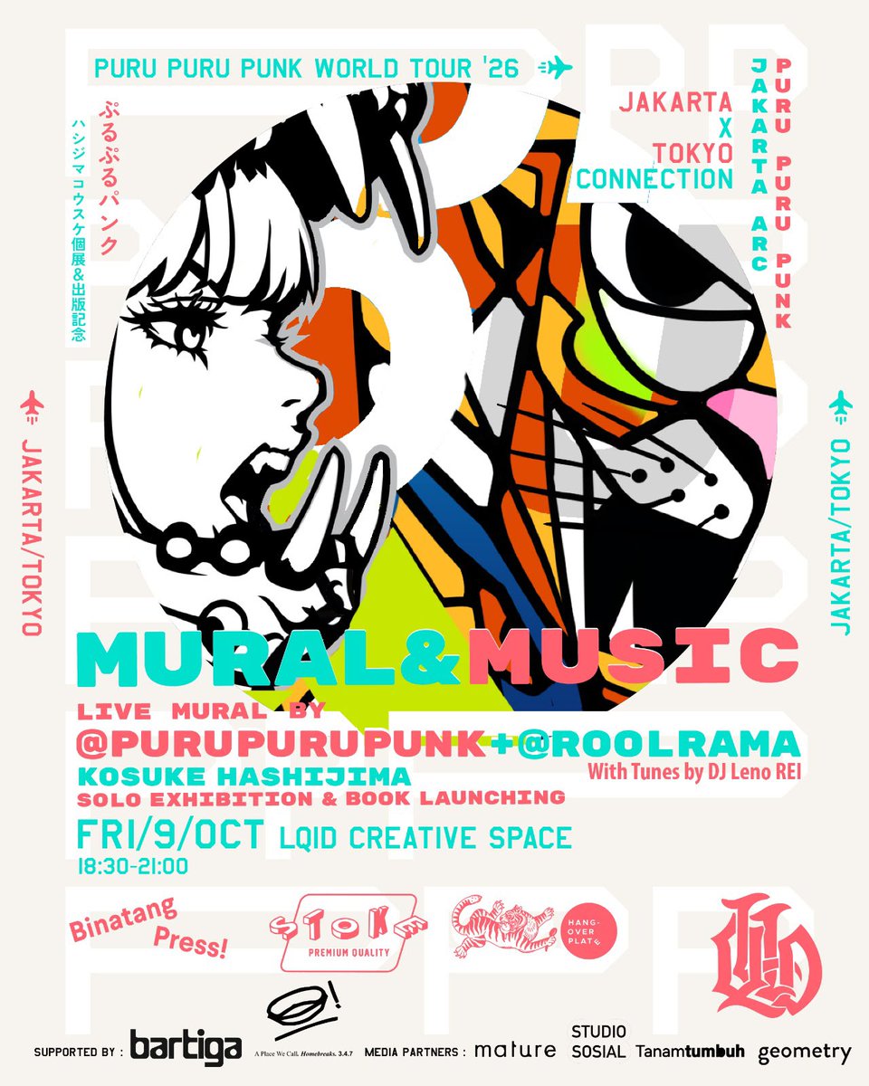 okoyrocks's tweet photo. 10月9日（金）、ジャカルタの18時半からSudirman7.8（アヤナホテル向かい）の地下駐車場にて、ハシジマコウスケさんの個展（10日〜）のオープニングを祝ってアートと音楽のイベントやります！入場無料、招待も予約も不要なので気軽にふらっと来てください。BARTIGAのポップアップバーもあり〼。ちな https://t.co/dzZuLpt63o