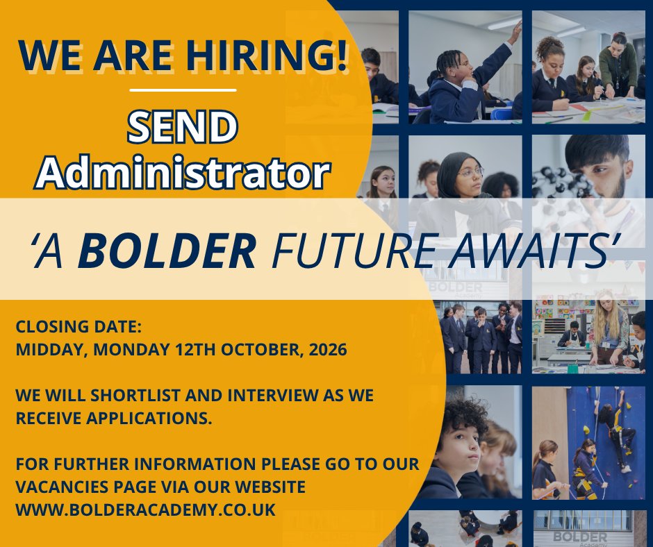 There is still time to apply to join our SEND team! 

This full-time, permanent role supports the SENCO team with the administration that helps students get the support they need.

Applications close at midday on Monday 12 October. Apply here:&nbsp; mynewterm.com/jobs/145866/ED&hellip; Image