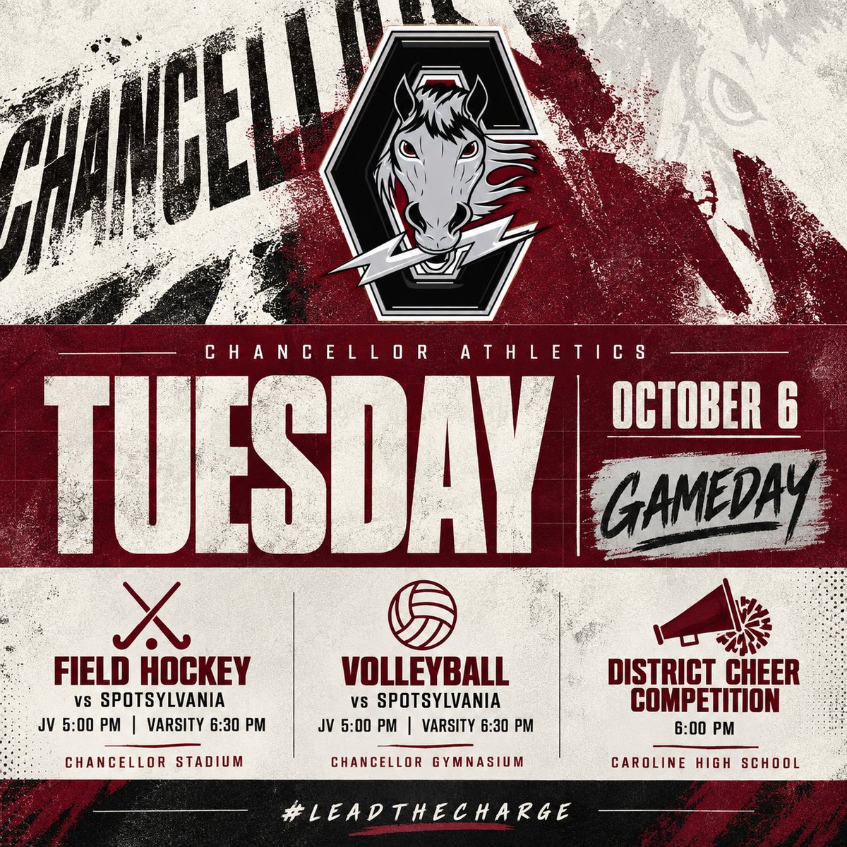 ChancellorCharg's tweet photo. Busy Tuesday for Chancellor. ⚡
🏑 FH vs Spotsylvania — 5:00 / 6:30
🏐 VB vs Spotsylvania — 5:00 / 6:30
📣 District Cheer — 6:00 at Caroline
A lot going on tonight.
#LeadTheCharge https://t.co/JHzwVQ7Eth