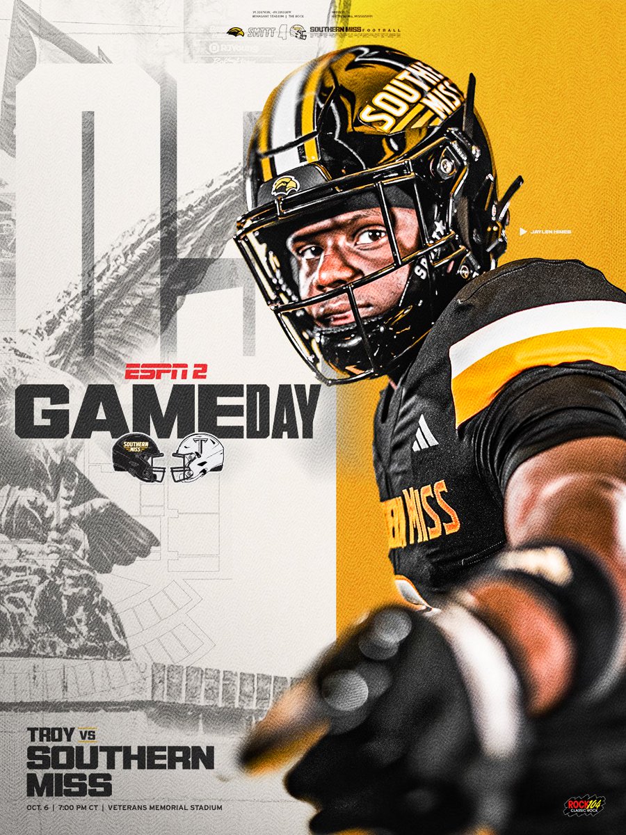 SouthernMissFB's tweet photo. GAMEDAY‼️

🆚 Troy
⏲️ 7 pm 
📺 ESPN2
📊 https://t.co/q9L4QJA3gs
📻 https://t.co/R8SbZyi6aB

#SMTTT https://t.co/Zjsbv0YolT