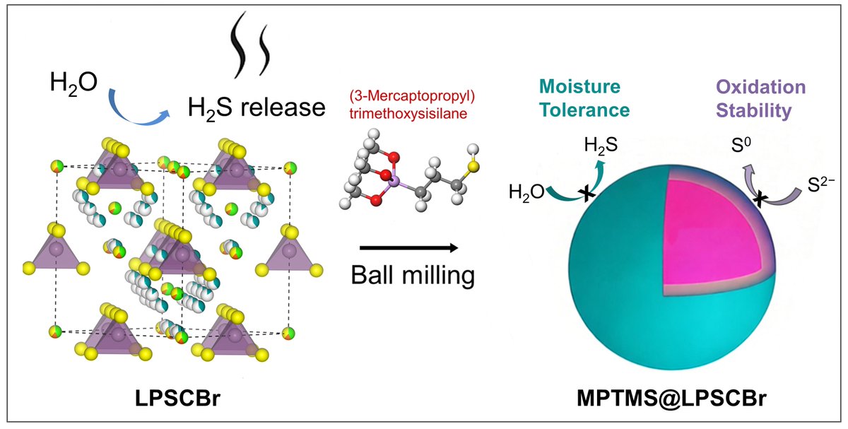 nmletters's tweet photo. High‑Conductivity and Moisture‑Tolerant Sulfide Electrolyte Enabled by Bifunctional Coating for Practical All‑Solid‑State Lithium Batteries

Dabing Li, Hongjie Xu, Guoqin Cao, Fanfan Liu, Jinjin Ban, Shilin Zhang, Li‑Zhen Fan*, Junhua Hu*
Nano‑Micro Lett. (2026) 19:51
https://t.co/E1mUjVyctg

The authors propose a bifunctional MPTMS coating strategy via mechanochemical ball‑milling to address the notorious moisture‑sensitivity issue of argyrodite‑type sulfide solid electrolytes. The synergy of covalent S‑S bonding and hydrophobic siloxane network greatly suppresses toxic H₂S release while retaining high ionic conductivity. Systematic characterizations verify improved air stability, inhibited hydrolysis‑oxidation degradation and enhanced cathode interfacial compatibility. Assembled all‑solid‑state cells and pouch cells deliver outstanding long‑cycle performance. This scalable surface‑modification approach is also applicable to other thiophosphate electrolytes, paving the way for ambient‑atmosphere manufacturing of practical all‑solid‑state lithium batteries.
#SolidStateBattery #SulfideElectrolyte #SurfaceModification #MoistureStability #AllSolidStateBattery #InterfaceEngineering