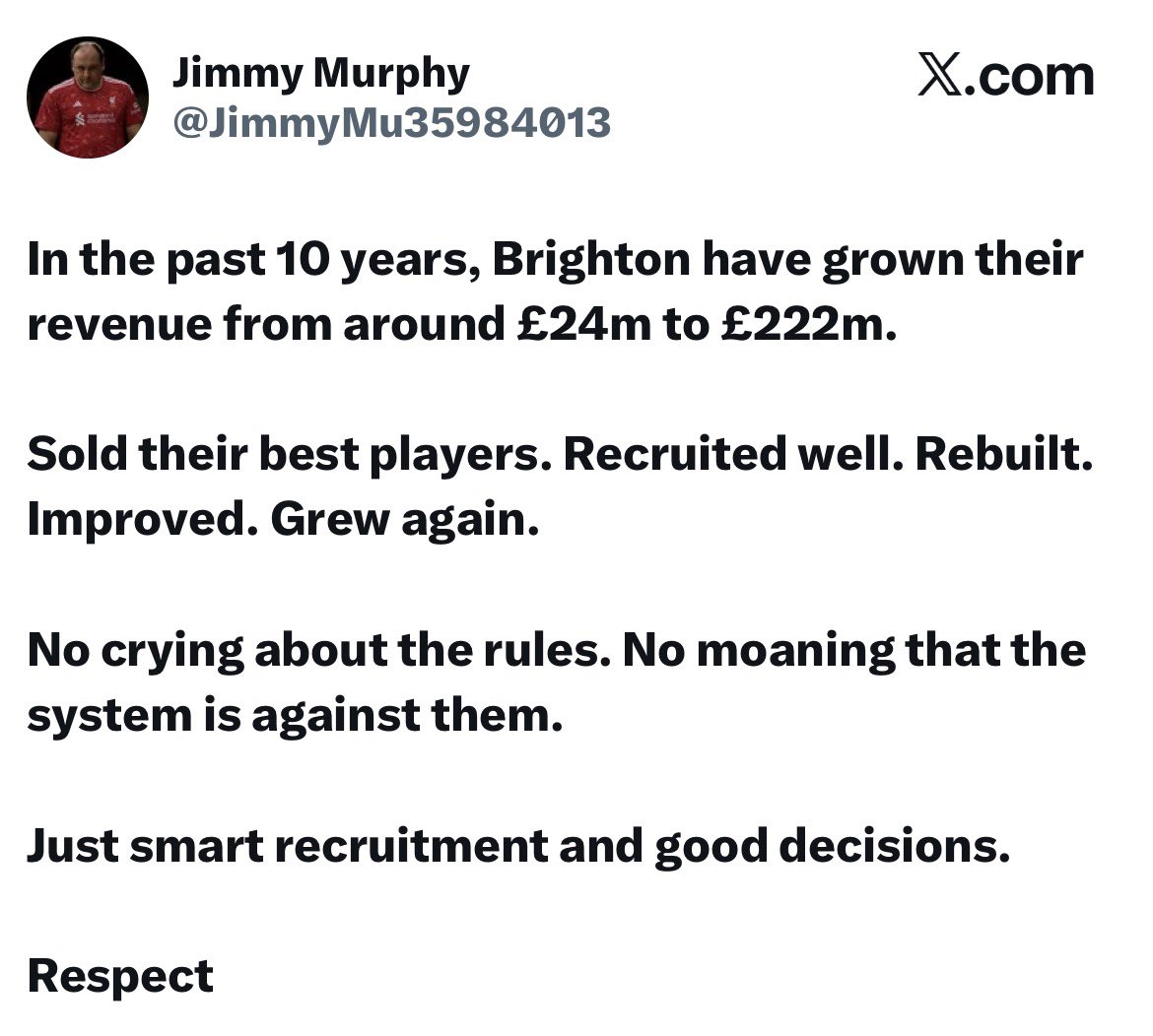 jim_keoghan's tweet photo. Slightly misleading. Brighton's big jump was after promotion (due to TV Money)  £24m to £148M

They've grown from that to £222m over 9 years

On that trajectory, they should reach Liverpool's revenue level in around 60 years time. Assuming Liverpool don't grow at all https://t.co/okJZmgkq53