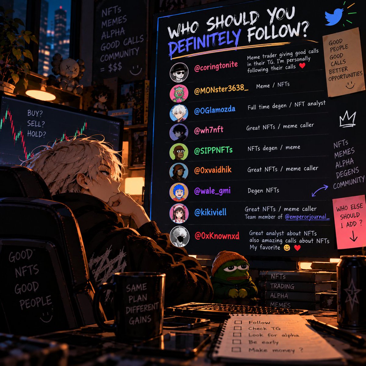 veyro_eth's tweet photo. Some accounts I’d definitely have on your TL.

@coringtonite — meme trader, some really good calls.

@MONster3638_ — memes + NFTs

@OGlamozda — full-time degen & NFT analyst

@wh7nft — NFTs + meme calls

@SIPPNFTs — NFT degen, also into memes

@0xvaidhik — NFTs + meme calls

@wale_gmi — degen NFTs

@kikiviell — NFTs + meme calls, also part of @emperorjournal_

Who else should I add? 👇