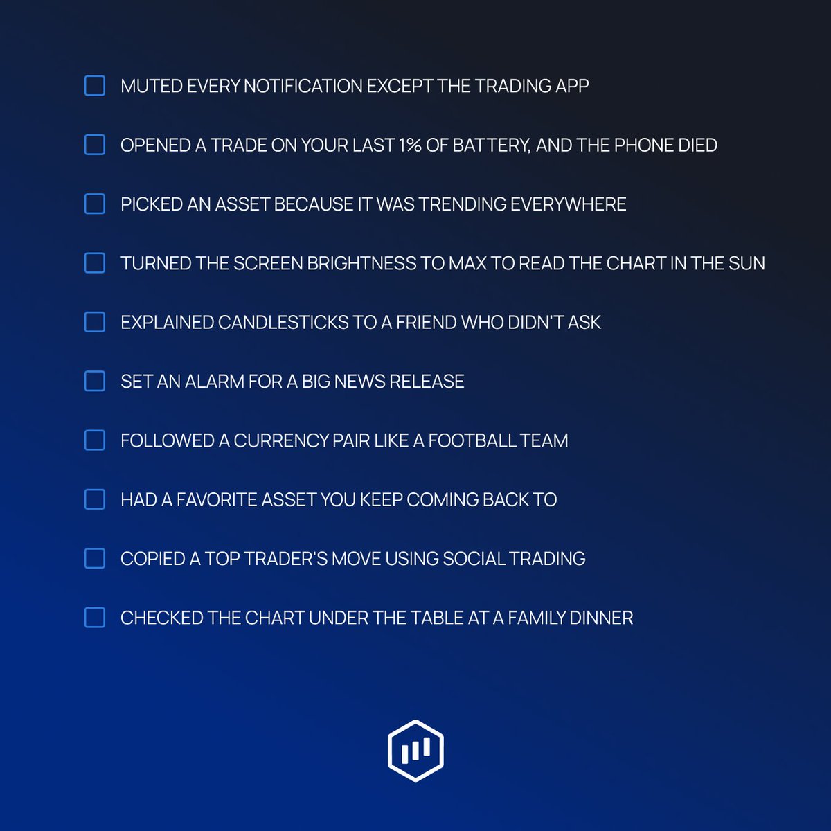 ExpertOption's tweet photo. How many of these trading habits sound familiar? 🤔

 Put a finger down for every one you’ve done — and let’s see how many fingers you have left 👇 https://t.co/e34bh6OB7I