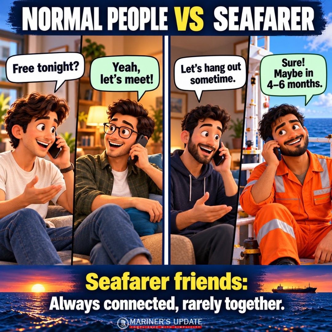 marinerupdate's tweet photo. For normal friends, meeting a friend can be as simple as, “Free tonight?”
For seafarers, “Let’s hang out sometime” is a serious long-term plan.
#SeafarerLife, #LifeAtSea, #MerchantNavy, #MarinersUpdate, #Mu https://t.co/ptPbPxGy5k