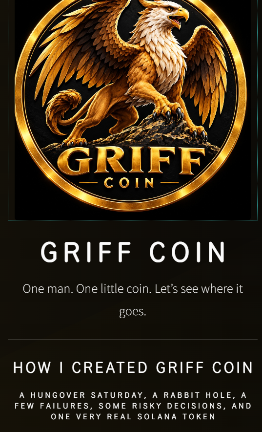 Sol_GriffCoin's tweet photo. Tiny blog teaser 👀
Full disclosure: at the moment I basically have a title, a rough idea, and a lot of notes 😂
“How I Created Griff Coin” is very much a work in progress, but I’m going to document the whole thing properly.
More to come https://t.co/1Pui65LCgq