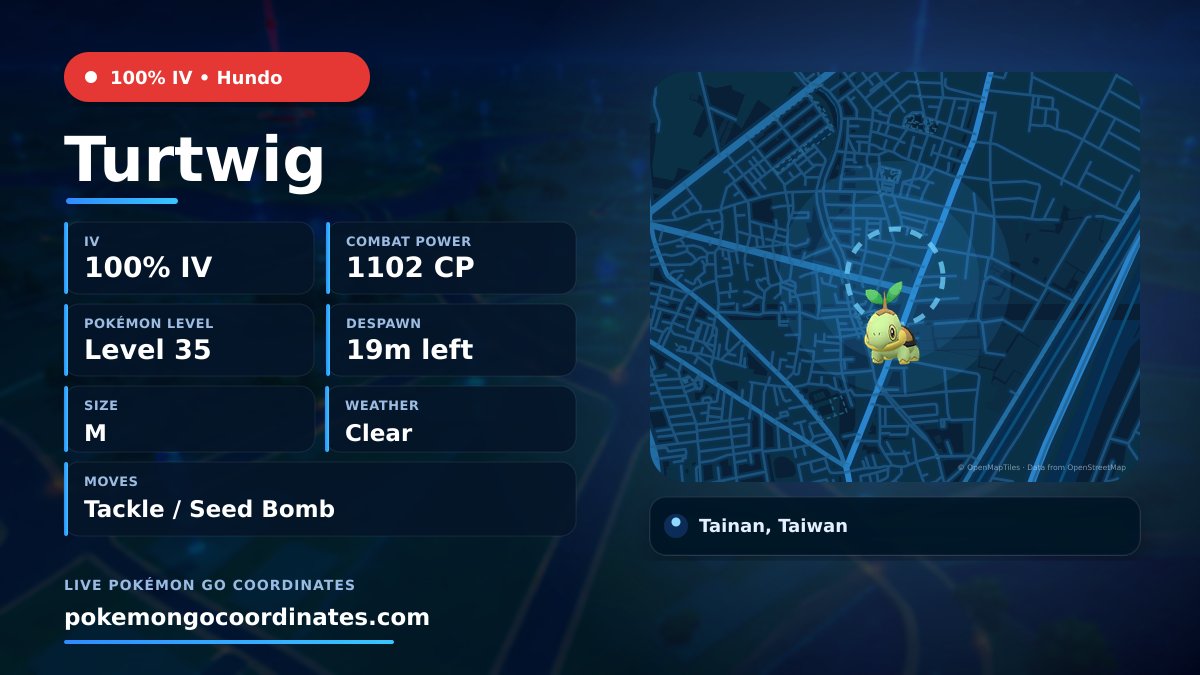 CoordsPokemonGo's tweet photo. #Turtwig Wild Spawns
π―% IV β’ 1102 CP β’ Level 35
Despawns in 19m
π 23.040683,120.214443
#100IVLevel35 β’ #PoGoCoords https://t.co/5Iqh11j9D0