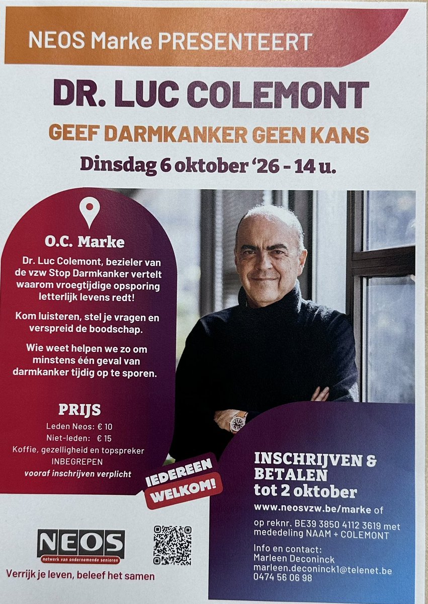 LucColemont's tweet photo. Klaar bij NEOS in het Westvlaamse Marke bij @8500Kortrijk voor @StopDarmkanker lezing “Geef daarom geen kans!” #854 😉

Alvast dank voor mooie affiche! 💙🍀
#kennisdelen #DoeDeTest 🙏 https://t.co/Z3J0uuexMQ