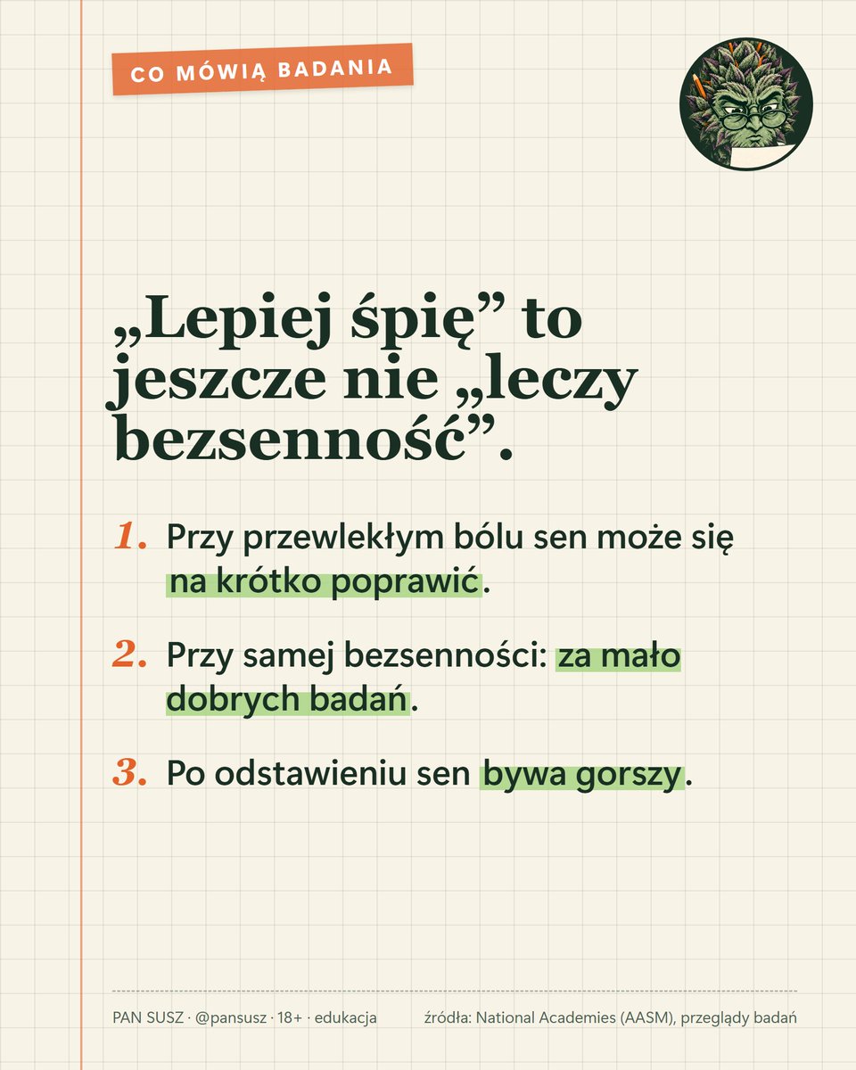 pansusz's tweet photo. 🌙 „Lepiej śpię” to jeszcze nie „leczy bezsenność”.

Co wiadomo z badań: przy przewlekłym bólu sen może się na krótko poprawić. Przy samej bezsenności dobrych badań jest za mało. A po odstawieniu sen bywa gorszy.

Co Tobie psuje sen?

#sen #konopie https://t.co/bSSNF1rIEh