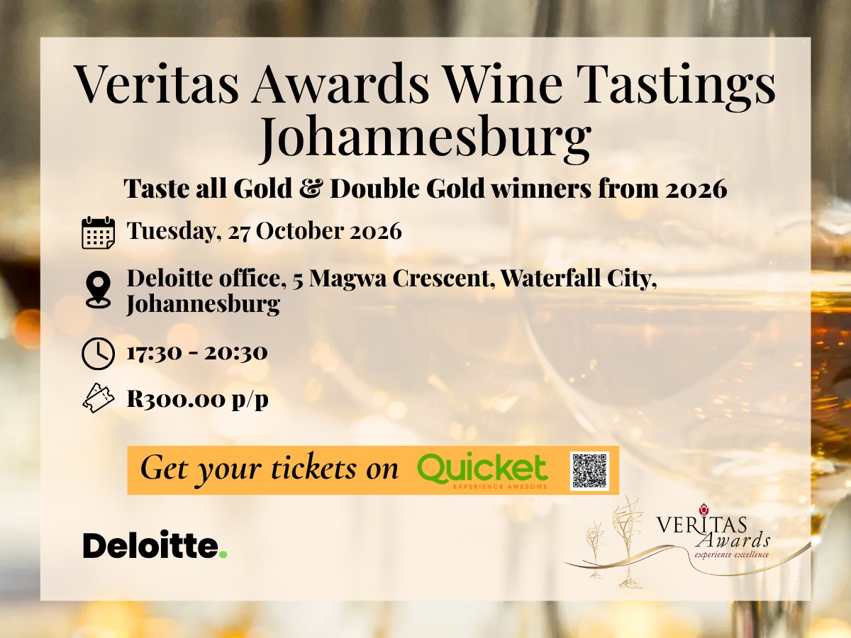 busrep's tweet photo. SPONSORED  |   @veritasawards  WINE TASTING JOHANNESBURG

Taste Double Gold &amp; Gold winners Tuesday 27 Oct at Deloitte office, 5 Magwa Crescent, Waterfall City, Johannesburg, 17:30 – 20:30.

Tickets R300 @ Quicket https://t.co/UythXMg1Yk