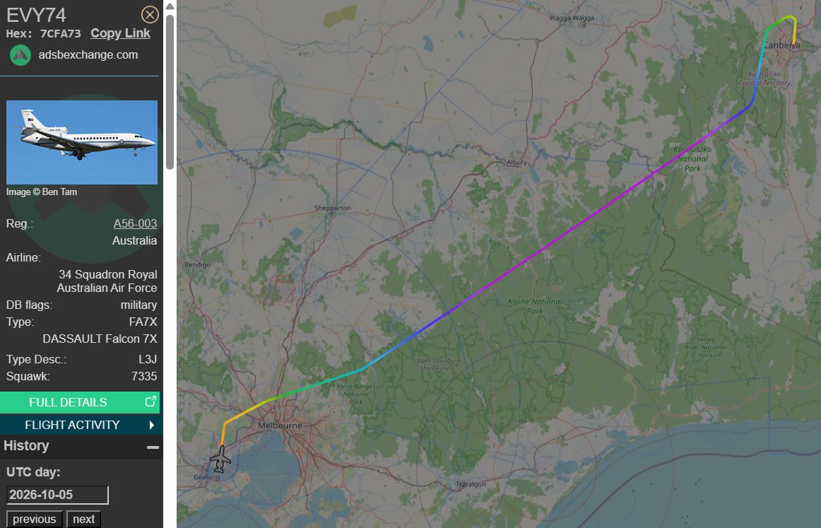 raaf_vip's tweet photo. Dassault Falcon 7X // A56-003 // Envoy 74

Route: Canberra (CBR) - Melbourne Avalon (AVV)
🛫: 03:24 UTC on 05/10/2026
🛬: 04:19 UTC

#RAAF #AusAirForce #A56003 #Melbourne #Geelong https://t.co/LnjP0UJ31m